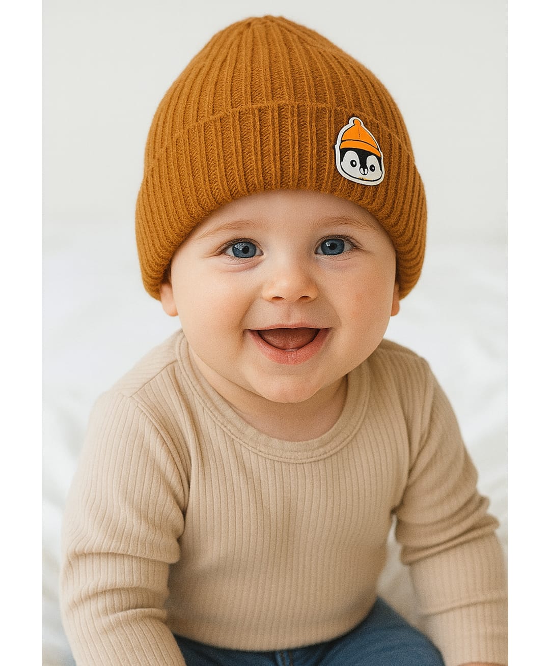 Sportking Knit Penguin Patch Detailed Beanie Cap - Mustard - Circumference 33 Cms-picture-11