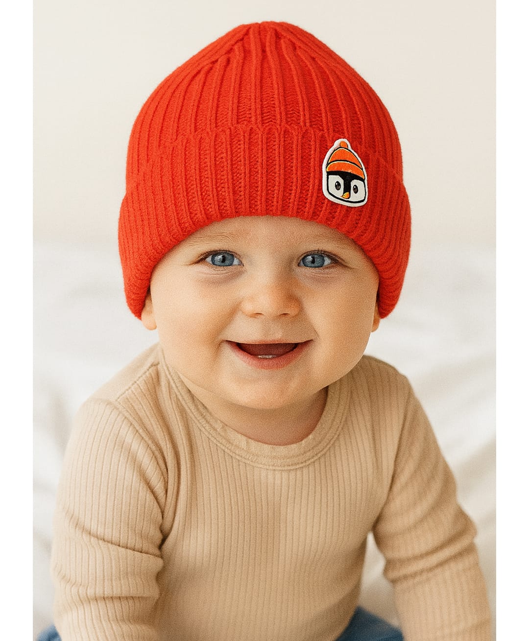 Sportking Knit Penguin Patch Detailed Beanie Cap - Orange - Circumference 33 Cms-picture-5