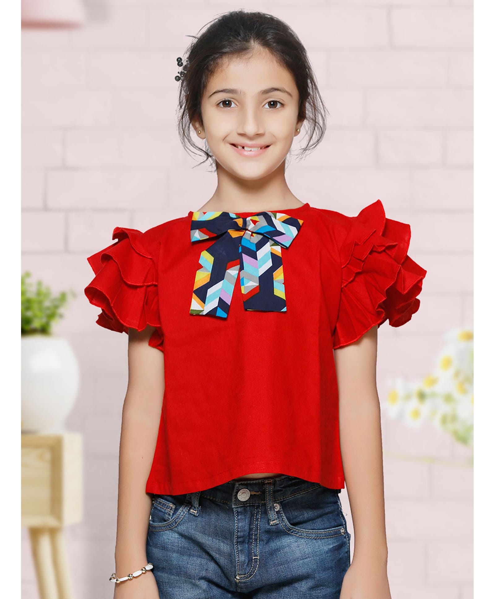 Cutiekins Cotton Woven Half Flutter Sleeves Bow Applique Detailed Top - Red-image-24