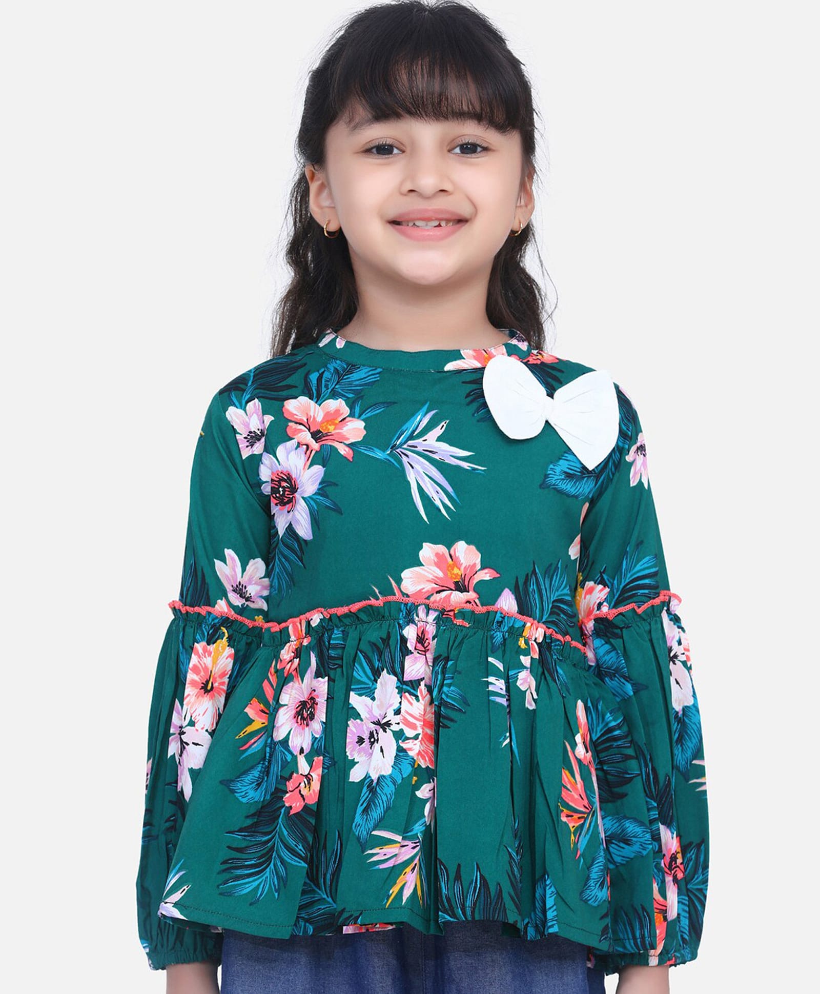 Cutiekins Woven Full Balloon Sleeves Floral Printed Bow Applique Detailed Peplum Top - Dark Green & Pink-image-25