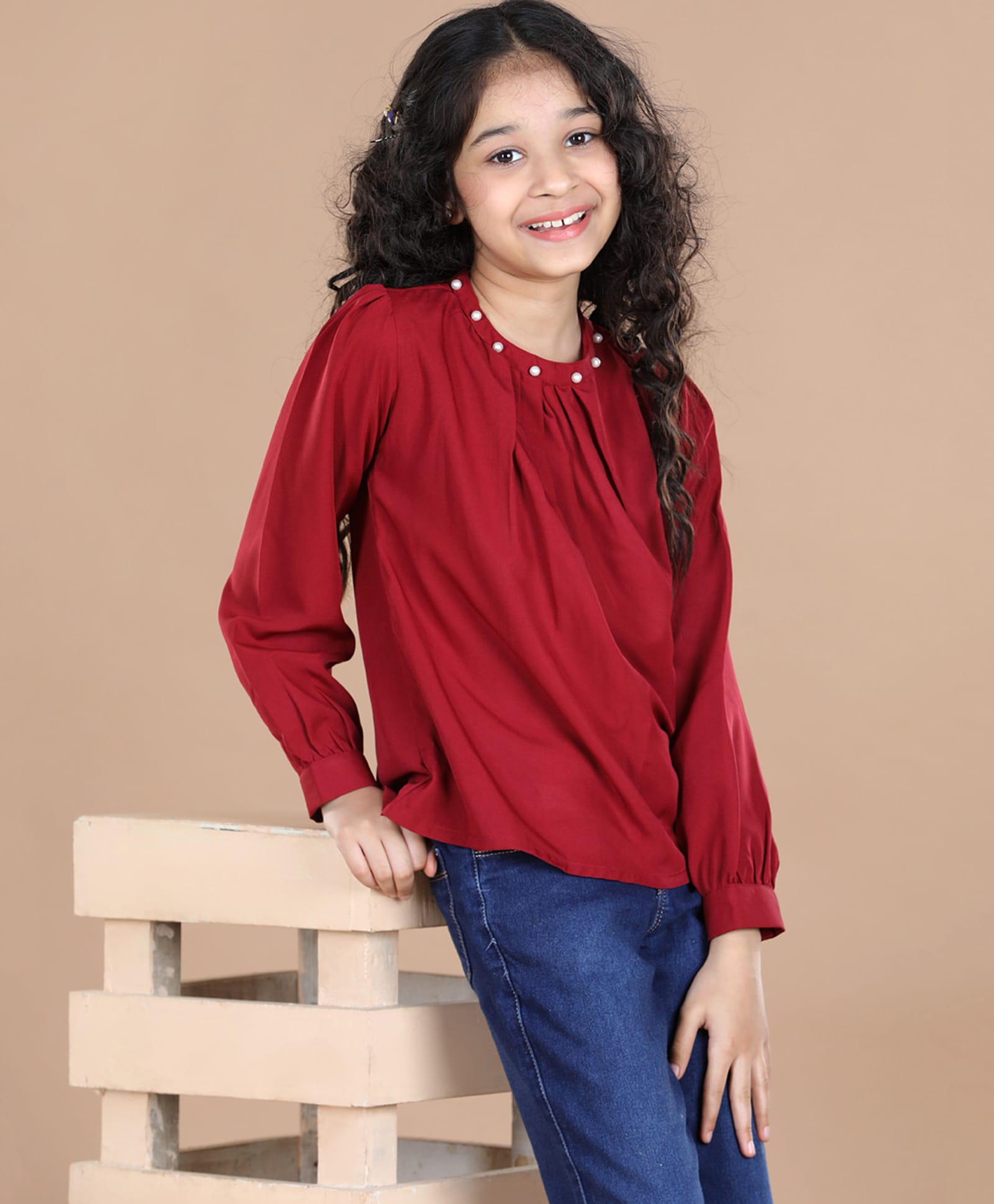 Cutiekins Woven Full Puffed Sleeves Pearls Embellished Top - Maroon-image-26