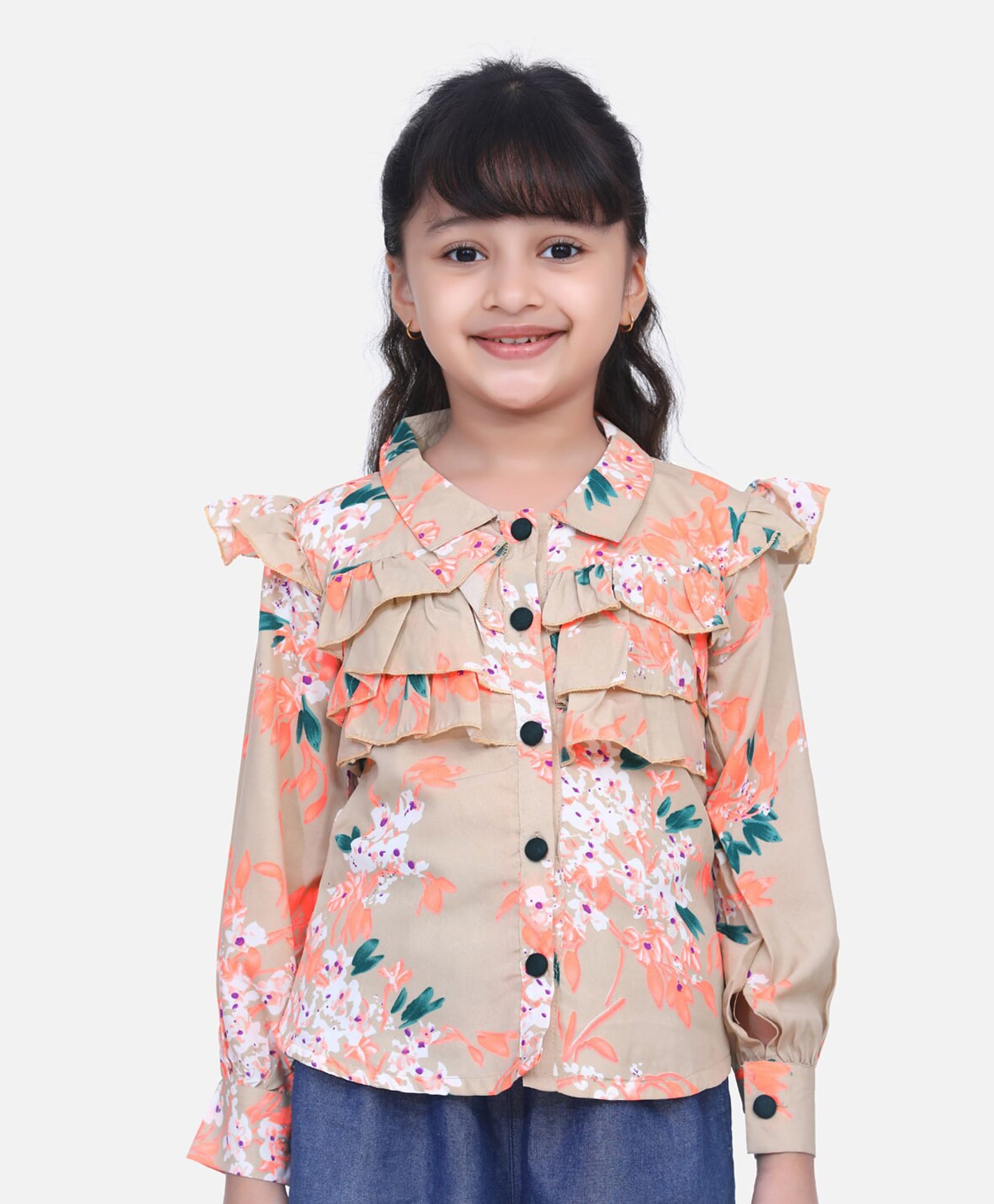 Cutiekins Woven Full Sleeves Floral Printed Frill Detailed Top - Beige & Orange-image-40