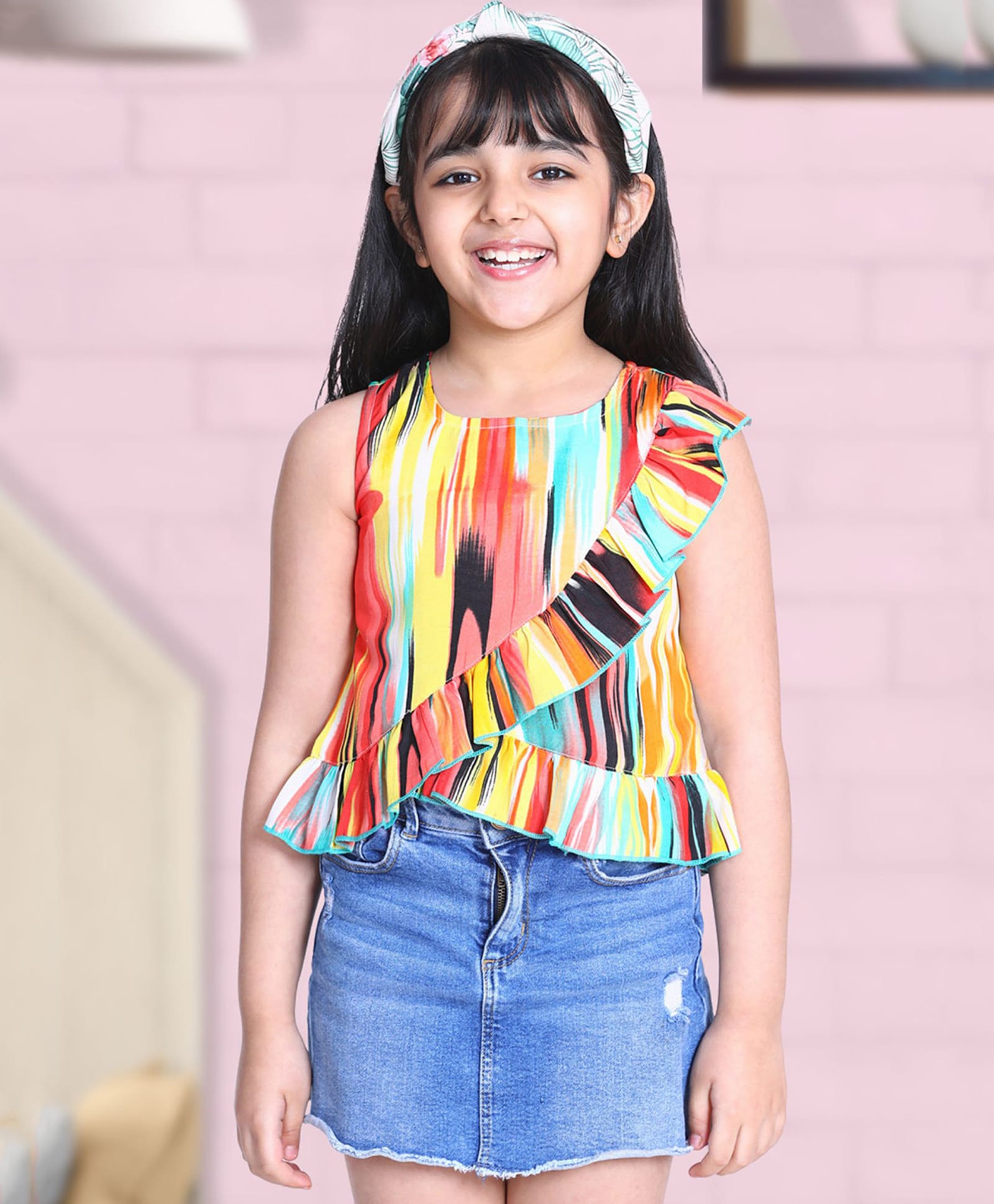 Cutiekins Woven Sleeveless Frill Detailed Tie Dye Top - Yellow & Multi Colour-image-46