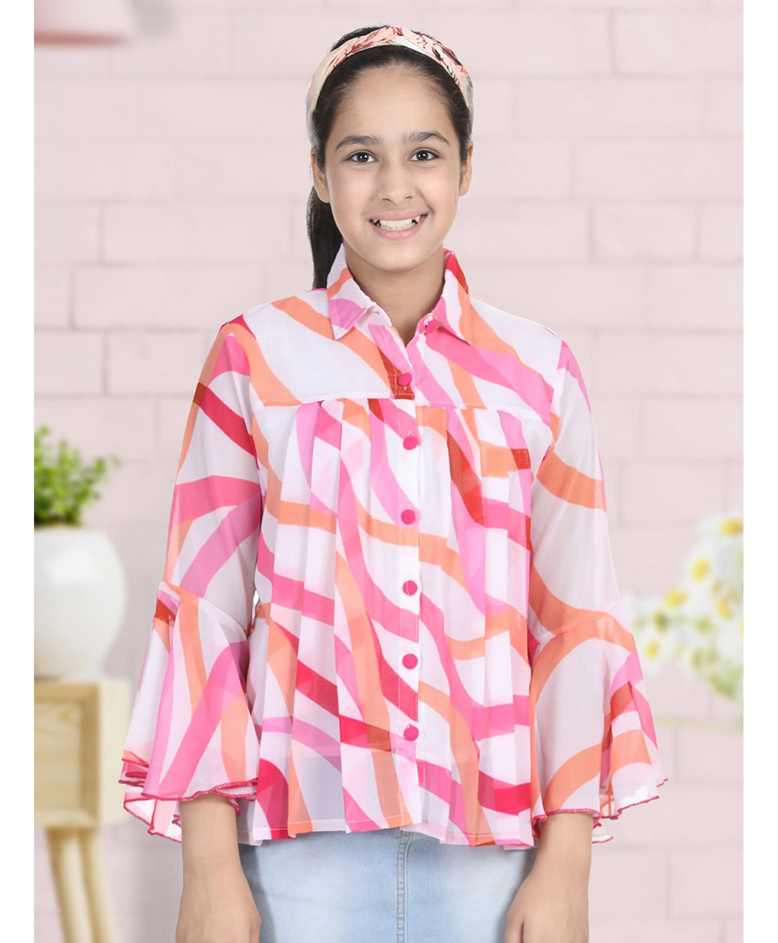 Cutiekins Woven Three Fourth Bell Sleeves Abstract Printed Top - White & Pink-image-46