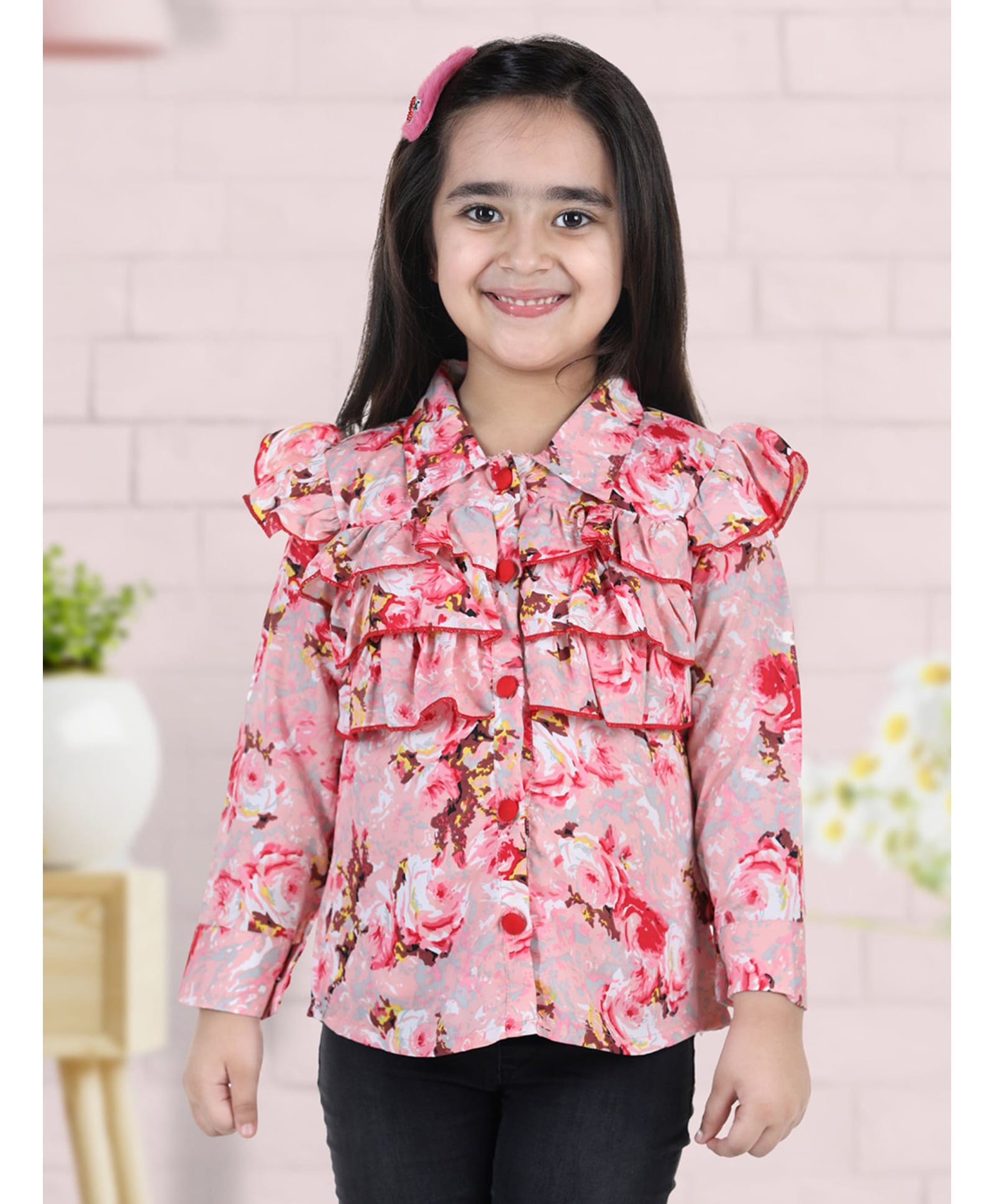 Cutiekins Woven Full Sleeves Floral Printed Frill Detailed Top - Peach & Red-image-32