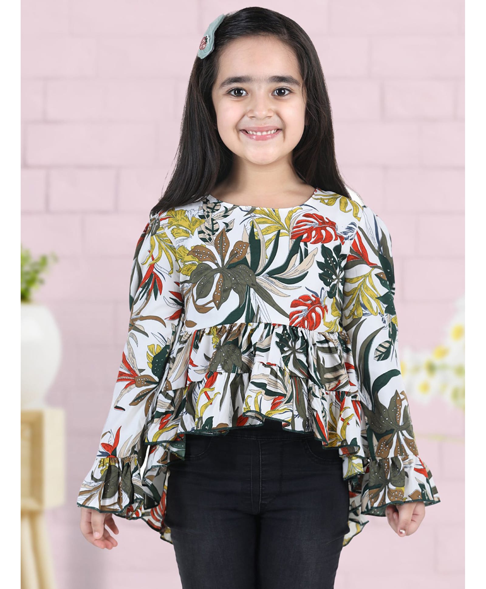 Cutiekins Woven Full Peasant Sleeves Leaves Printed Peplum Top - White & Multi Colour-picture-16