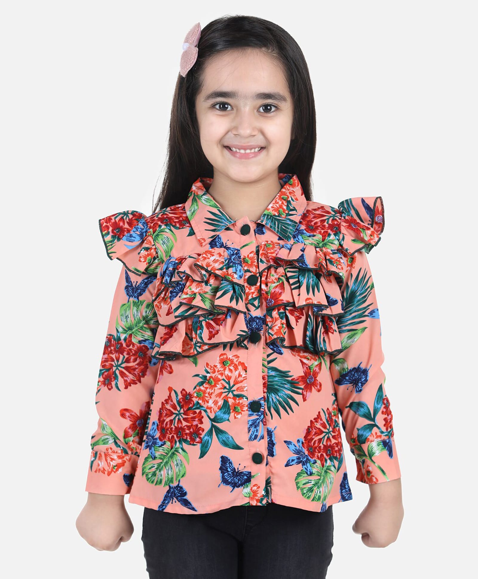 Cutiekins Woven Full Sleeves Floral Printed Frill Detailed Top Coral & Green-image-20