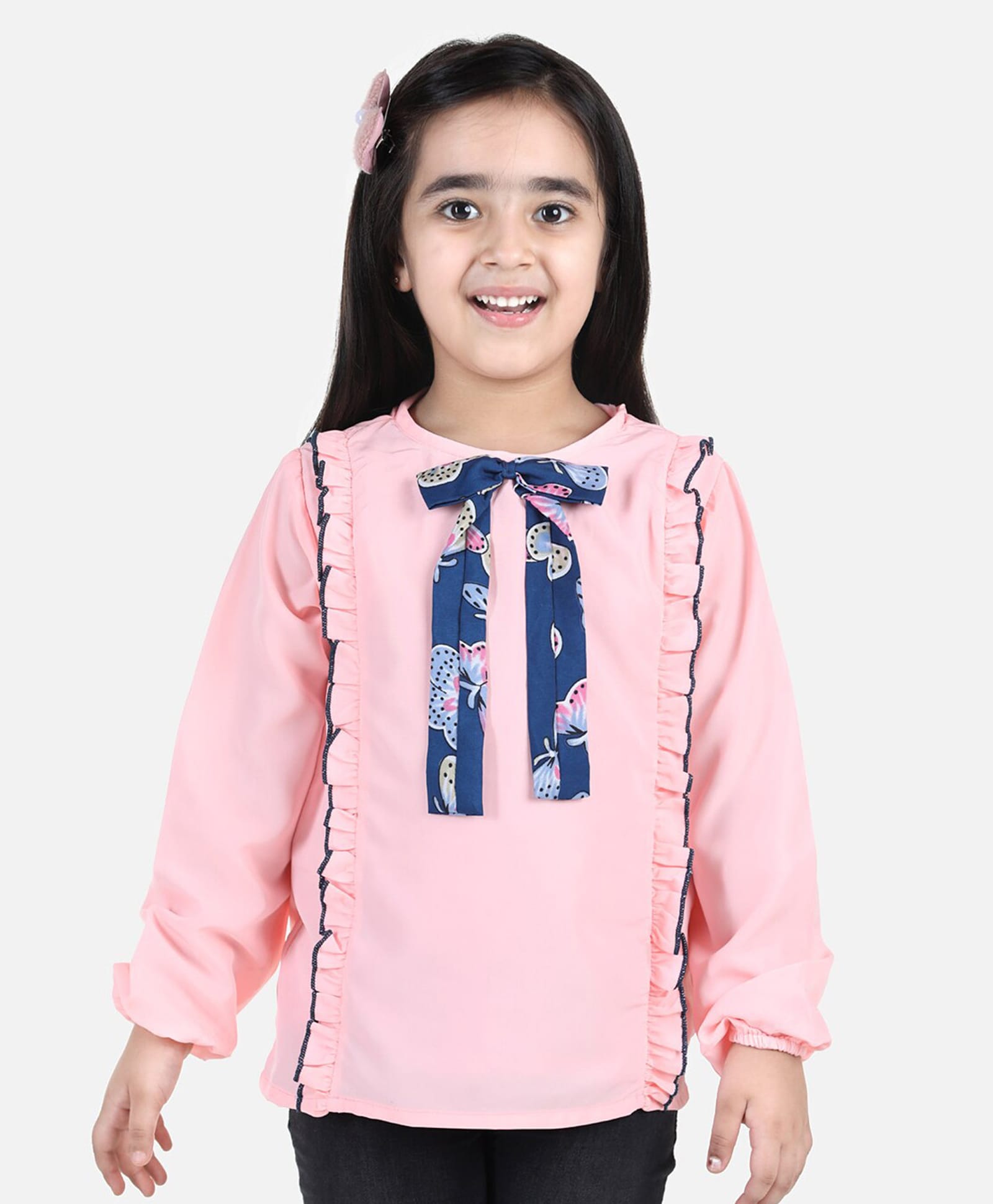 Cutiekins Woven Full Sleeves Frill & Bow Applique Detailed Top - Peach & Blue-image-14