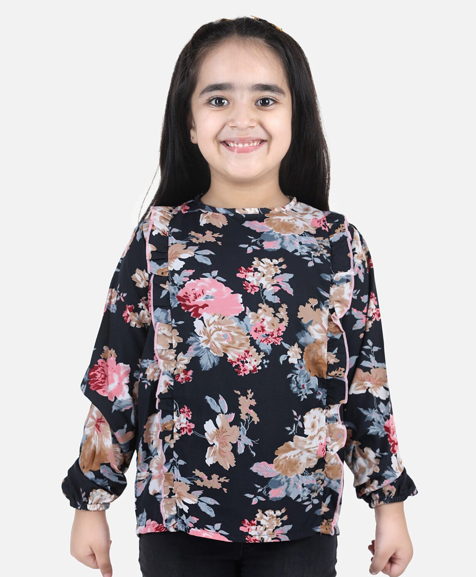 Cutiekins Woven Full Sleeves Floral Printed & Frill Detailed Top - Black & Brown-image-36