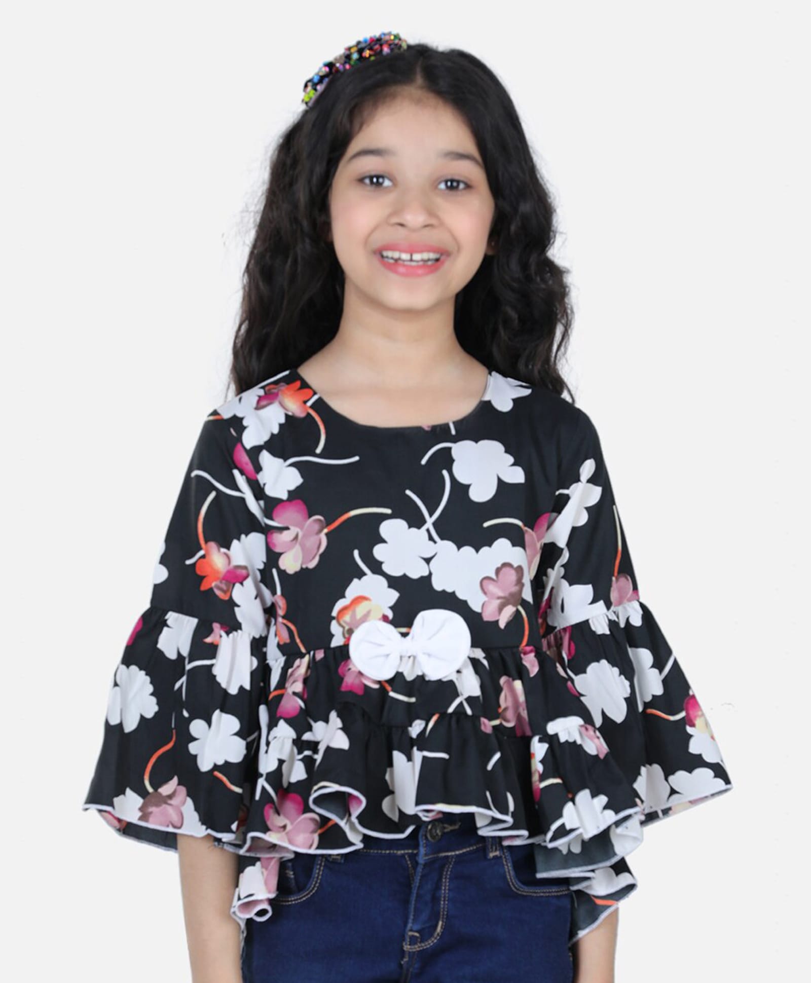 Cutiekins Woven Three Fourth Sleeves Bow Applique Detailed Floral Printed Top - Black & White-picture-20