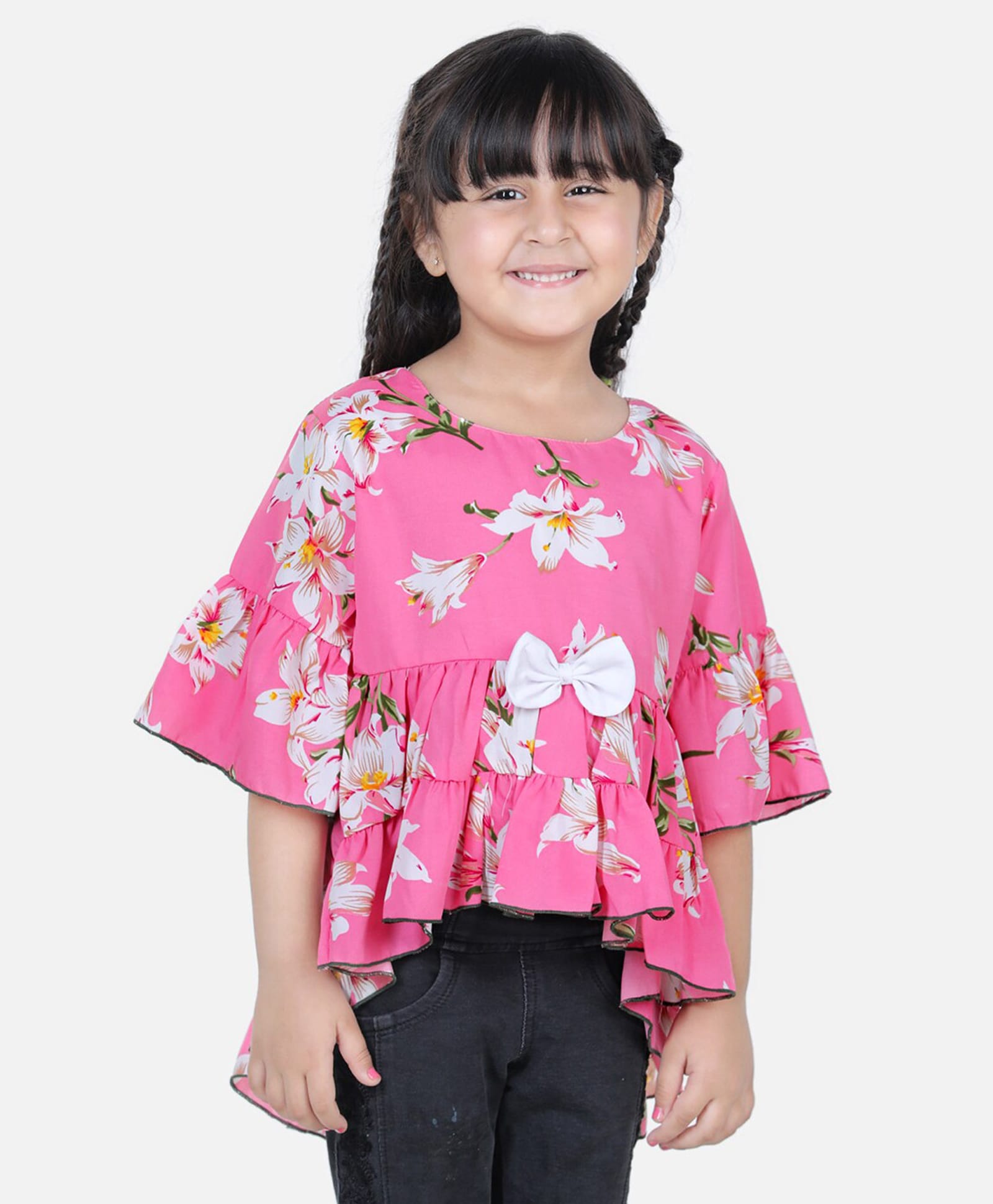 Cutiekins Woven Three Fourth Sleeves Floral Printed Bow Applique Detailed Top - Pink & White-image-26