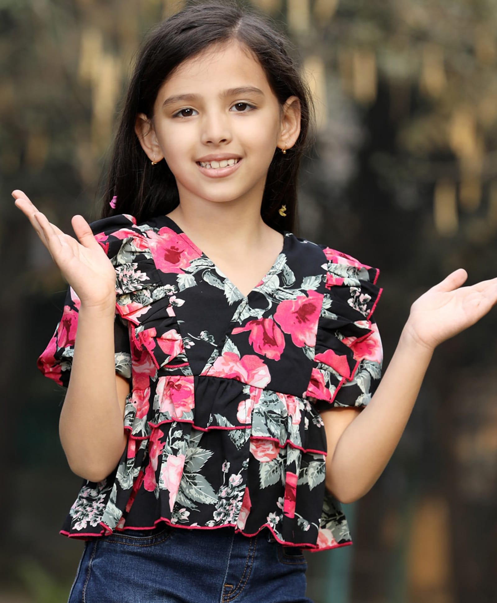 Cutiekins Woven Half Sleeves Floral Printed Top - Black & Pink-picture-12