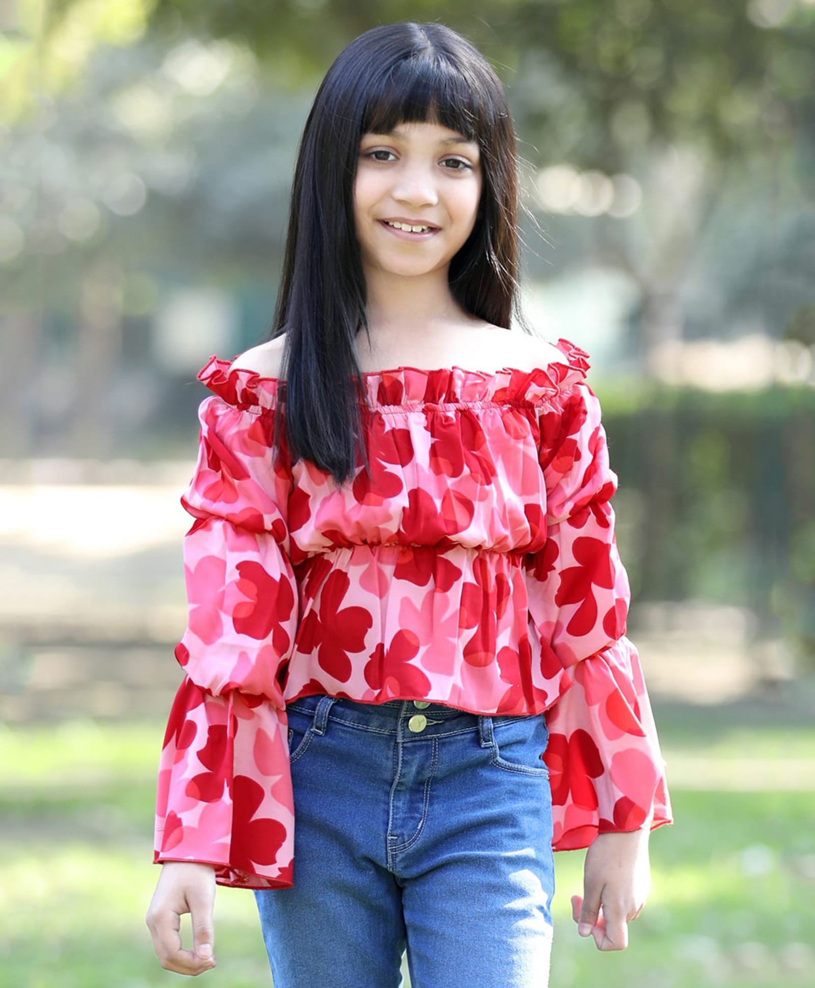 Cutiekins Woven Off Shoulder Full Sleeves Floral Printed Top - Red & Pink-image-49