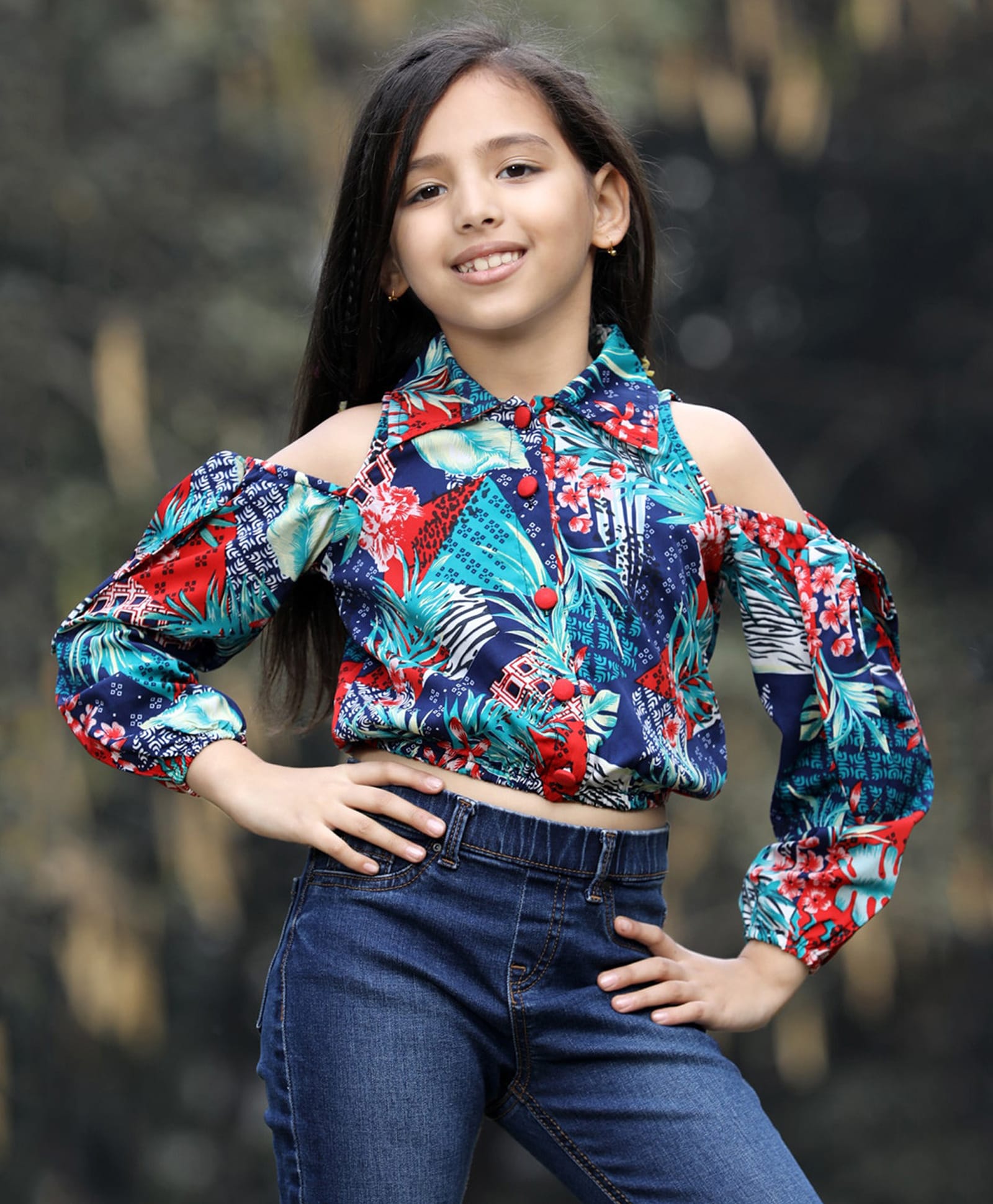 Cutiekins Woven Cold Shoulder Full Sleeves Floral Printed Top - Blue & Red-image-28