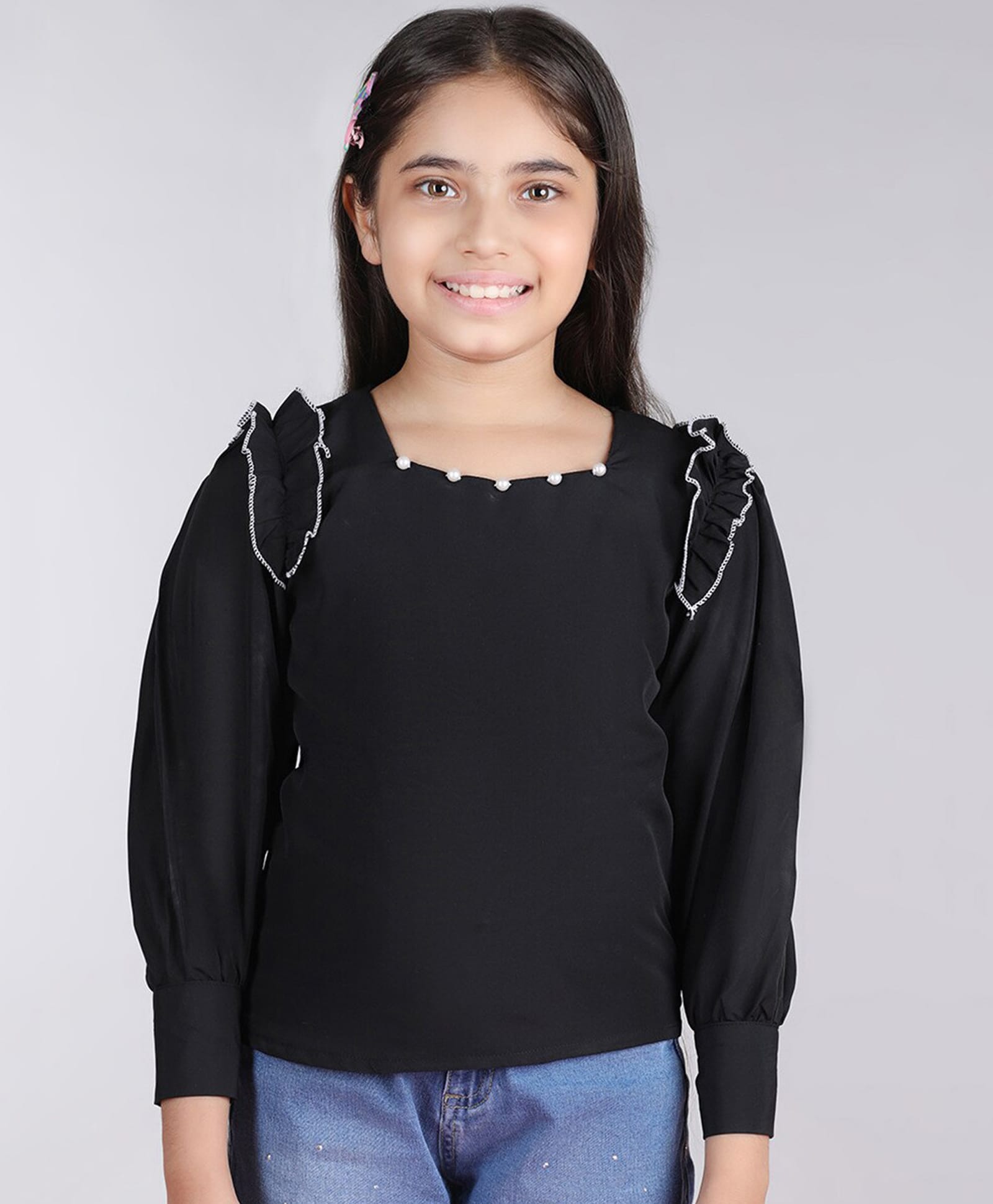 Cutiekins Woven Full Sleeves Pearls Embellished Frill Detailed Top - Black & White-image-19