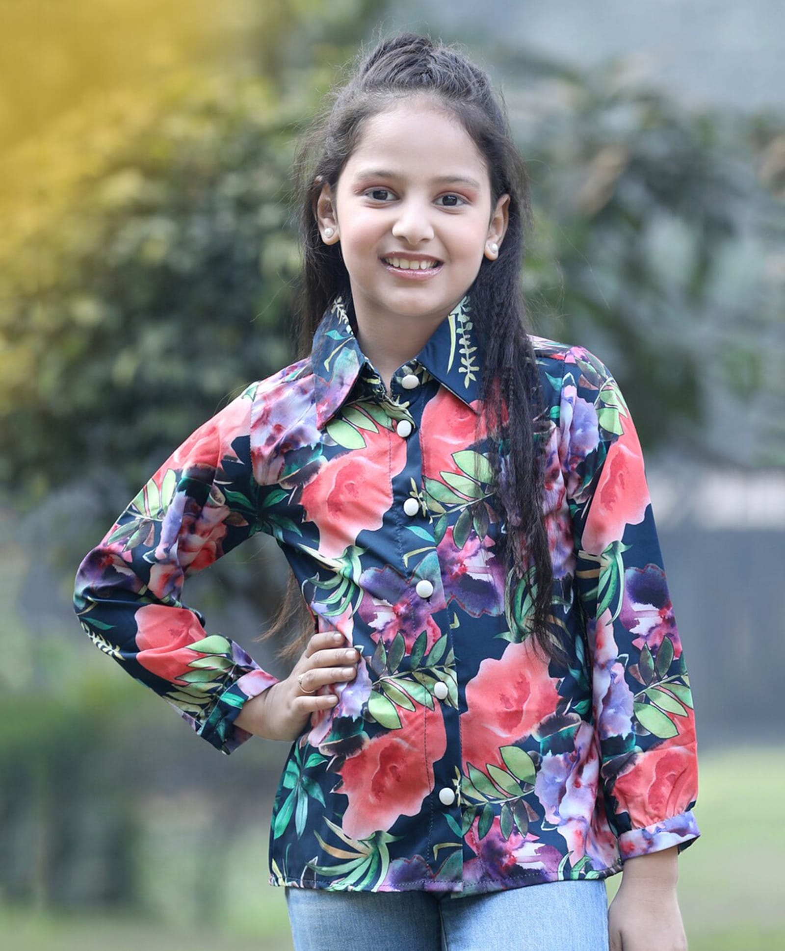 Cutiekins Woven Full Sleeves Floral Printed Shirt Style Top - Navy Blue & Pink-picture-17