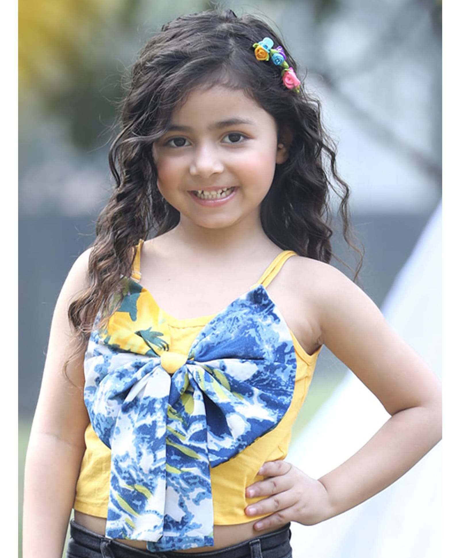 Cutiekins Cotton Woven Sleeveless Abstract Printed Bow Applique Detailed Crop Top - Yellow & Blue-picture-29