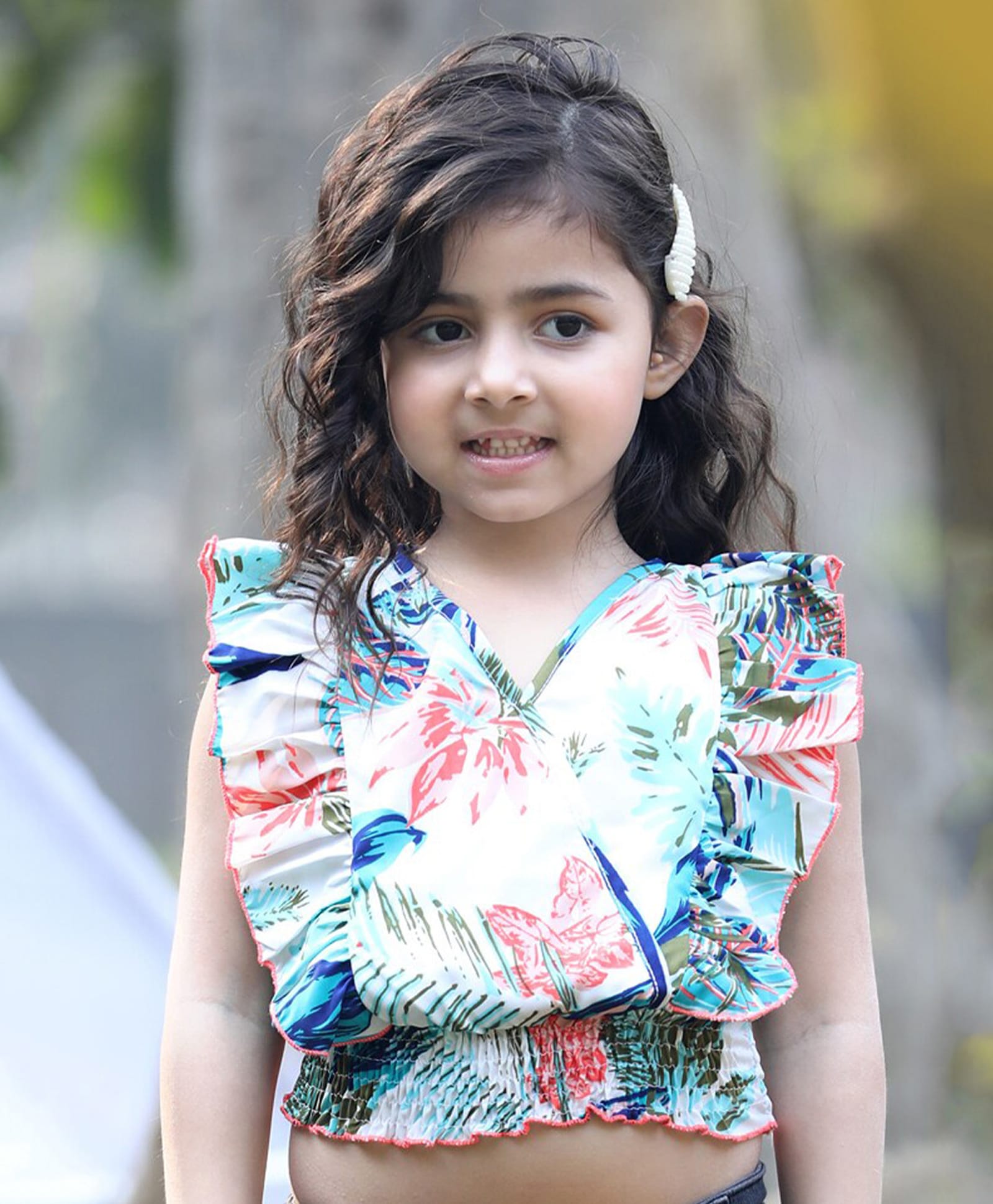Cutiekins Woven Sleeveless Leaves Printed Frill Detailed Crop Top - White & Blue-image-18