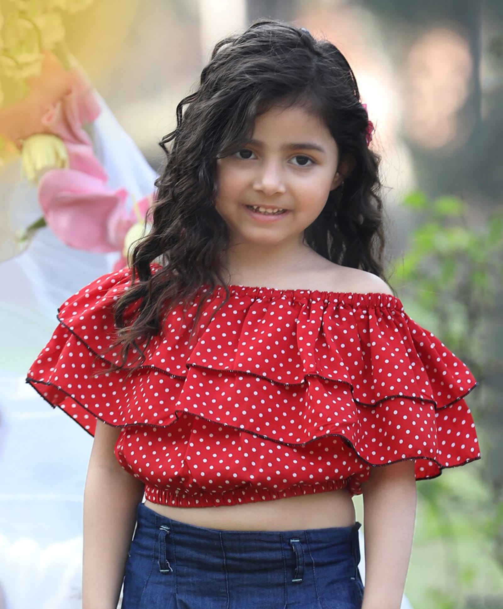 Cutiekins Woven Off Shoulder Half Sleeves Polka Dots Printed Frill Detailed Crop Top - Red & White-image-41