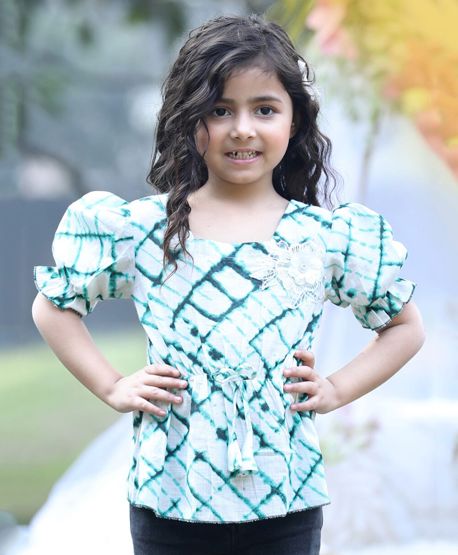 Cutiekins Cotton Woven Half Puffed Sleeves Tie Dye Top - White & Green-image-21