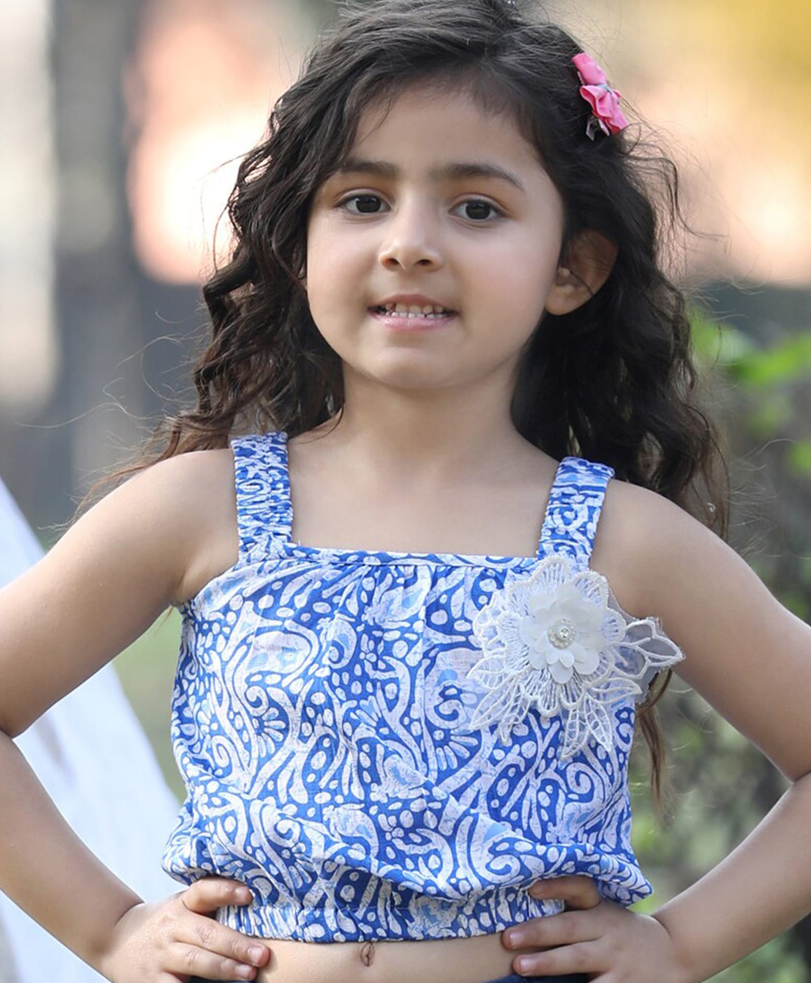 Cutiekins Cotton Woven Sleeveless Floral Applique Detailed & Abstract Printed Crop Top - Blue & White-picture-22