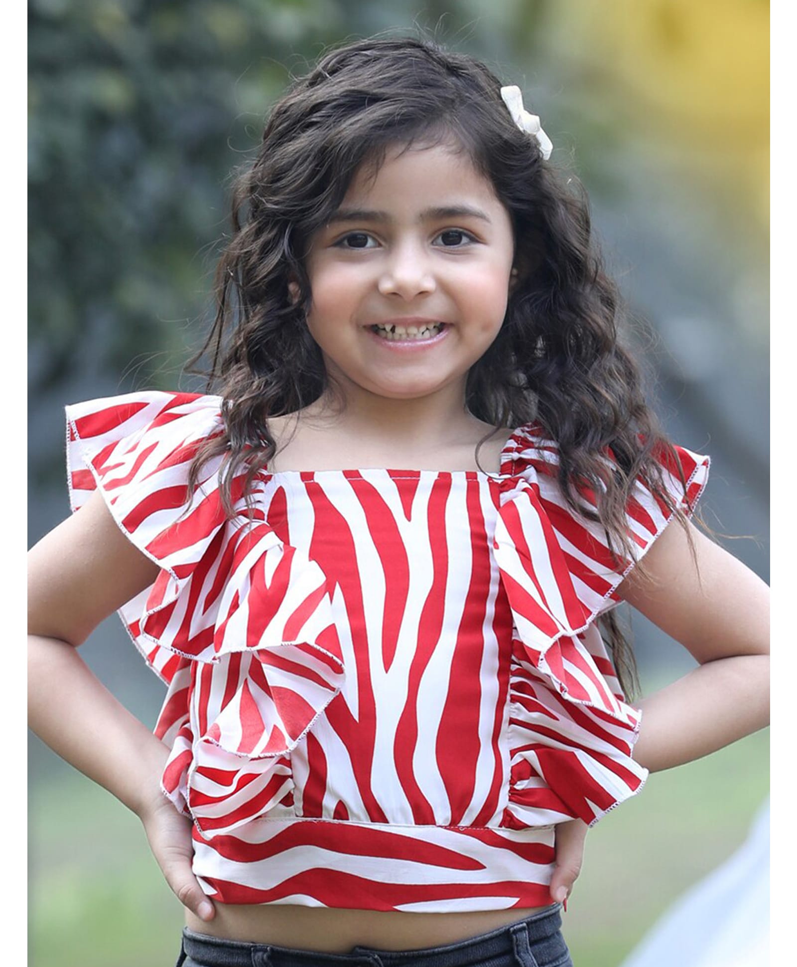 Cutiekins Woven Sleeveless Abstract Printed Frill Detailed Crop Top - Red & White-picture-27