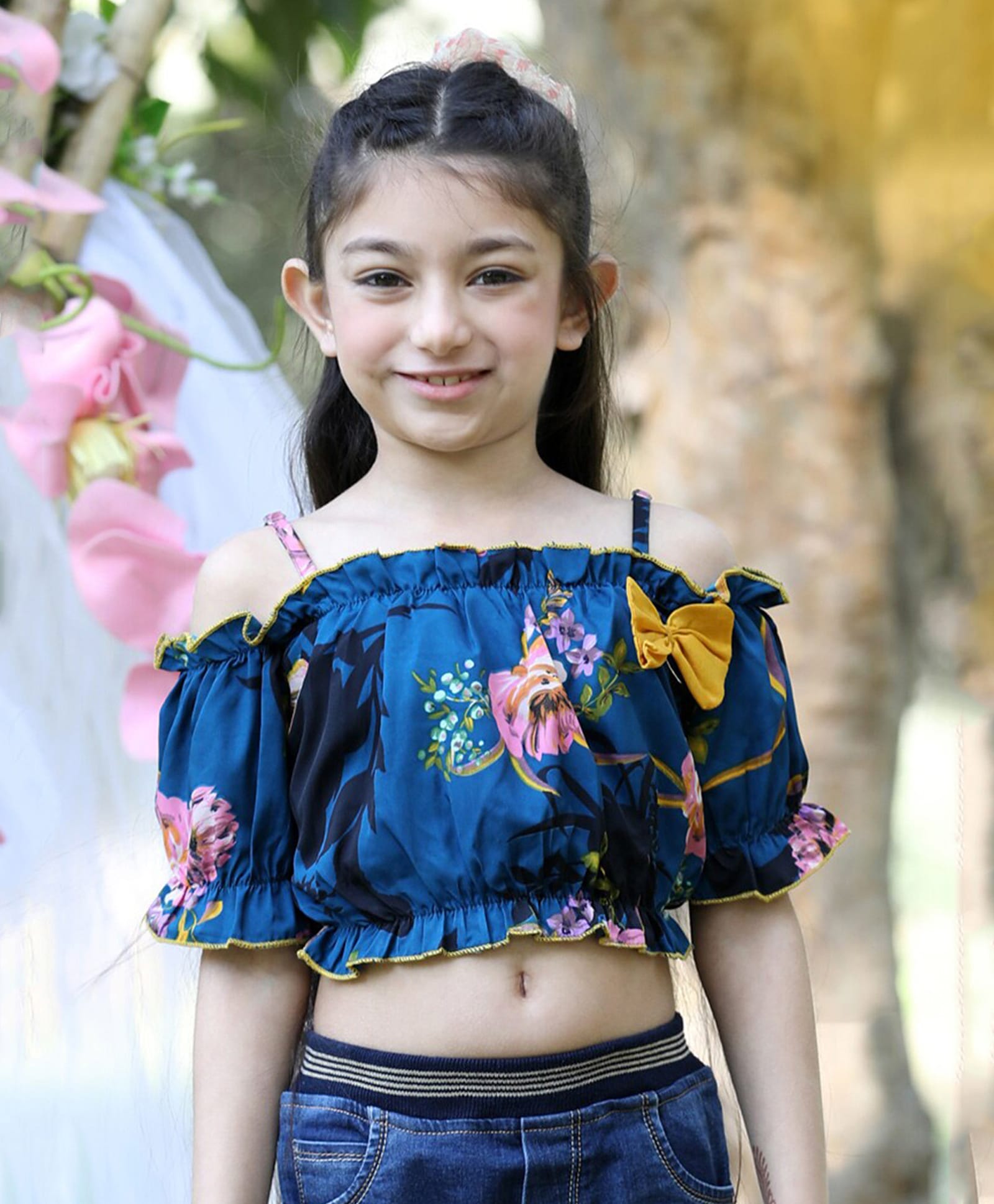 Cutiekins Woven Cold Shoulder Half Sleeves Floral Printed Crop Top - Teal Blue & Yellow-image-6