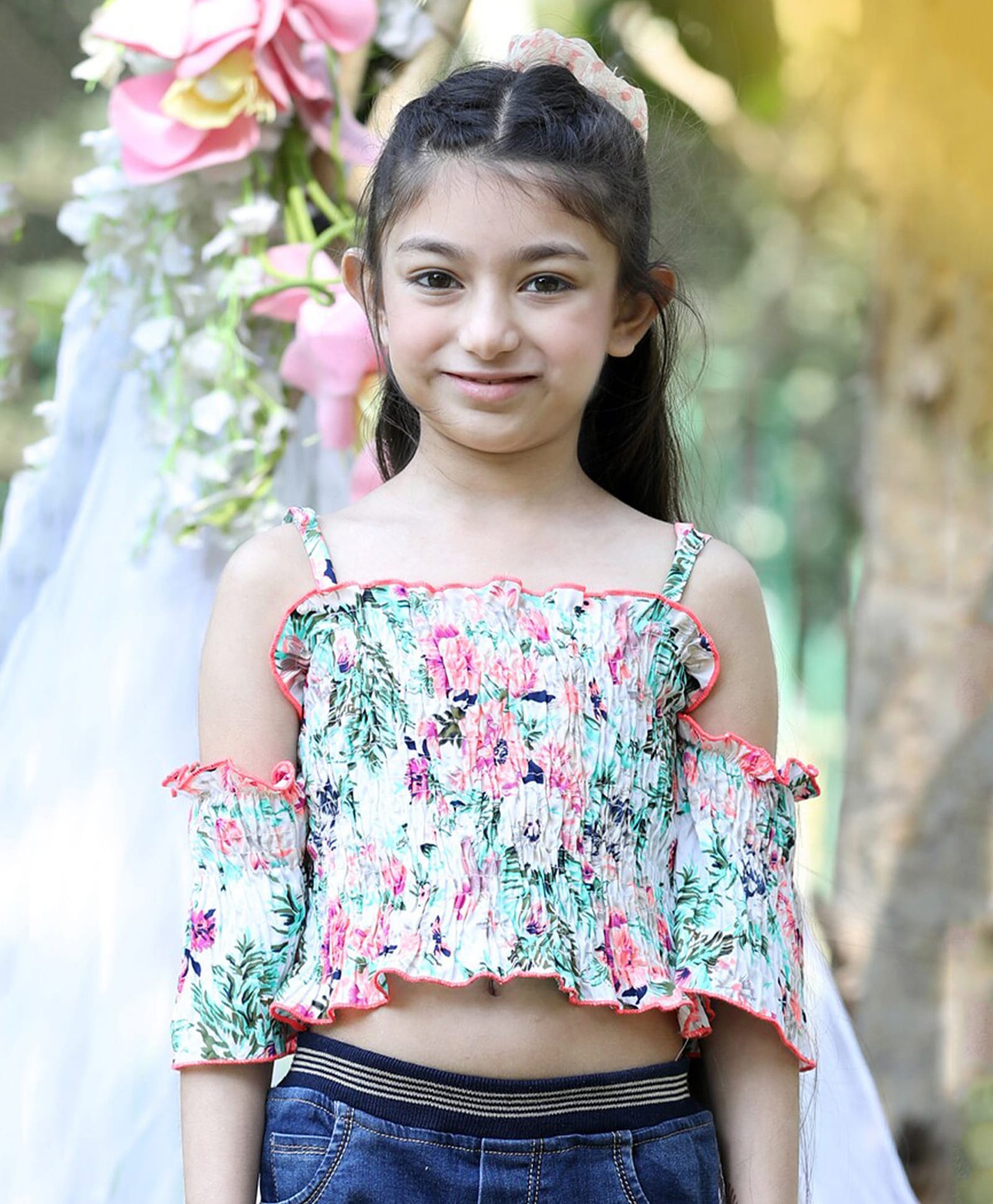 Cutiekins Woven Cold Shoulder Half Sleeves Floral Printed Crop Top - Off White & Pink-image-35