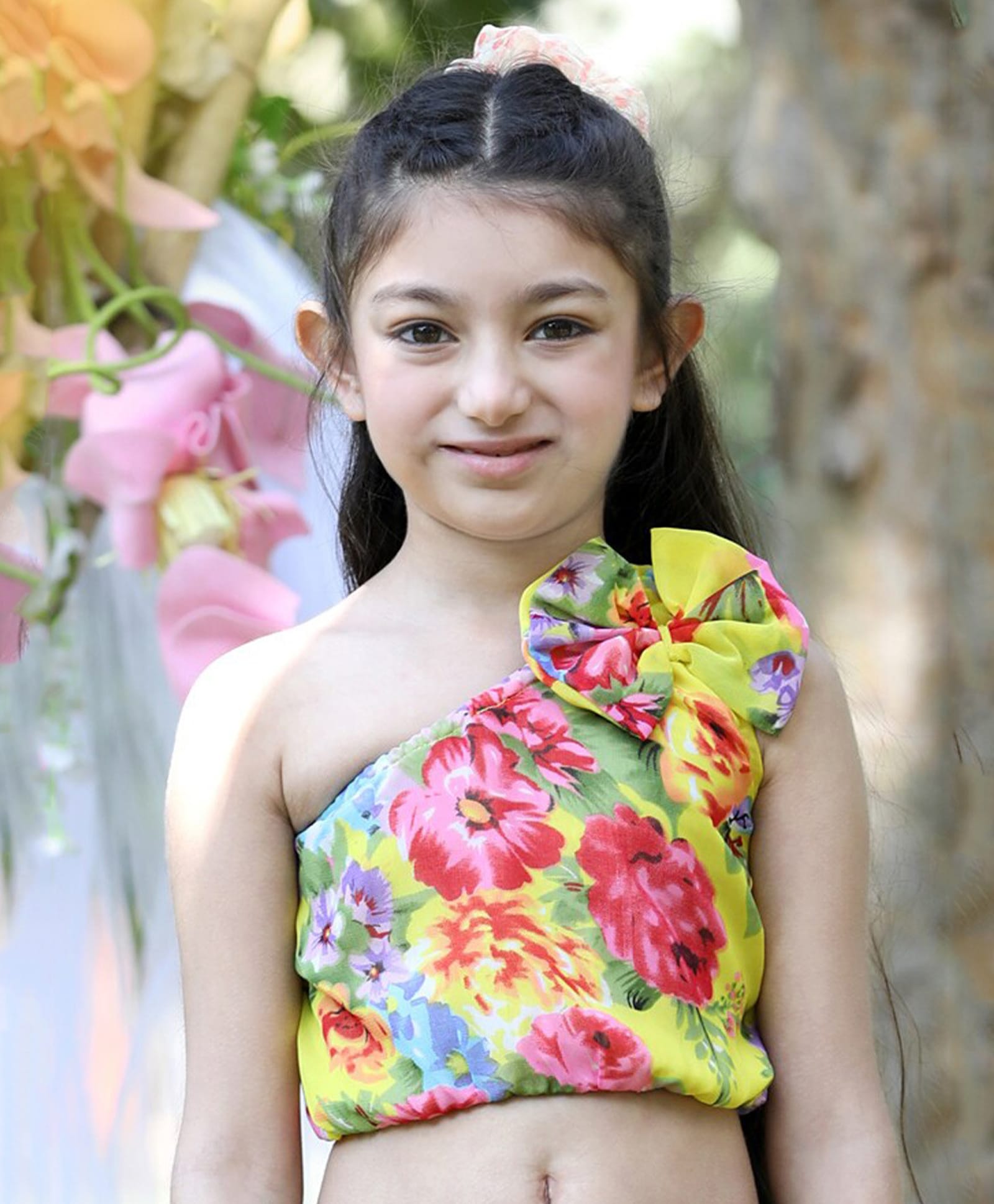 Cutiekins Woven One Shoulder Floral Printed Crop Top - Lemon Yellow & Pink-picture-16