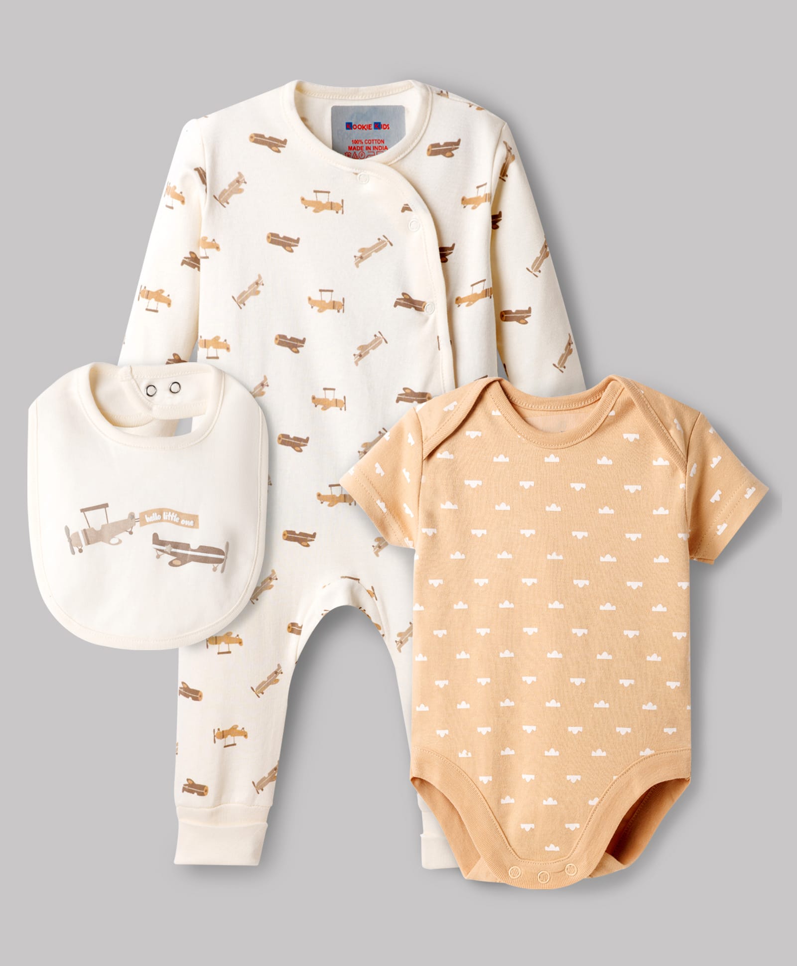 Kookie Kids Interlock Knit Full Sleeves Aeroplane Printed Romper with Onesie & Bib- Multicolour