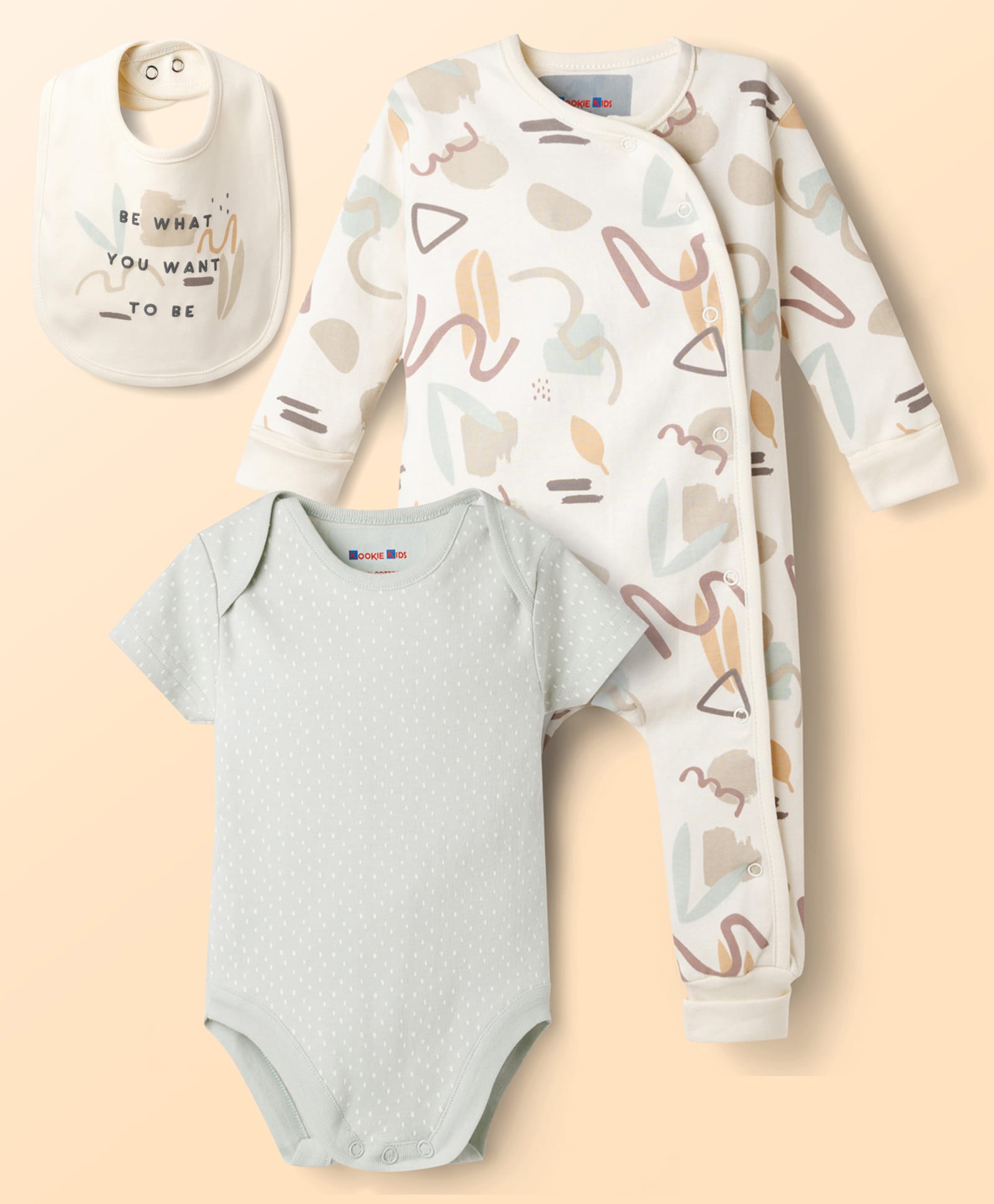 Kookie Kids Interlock Knit Full Sleeves Romper With Half Sleeves Onesies & Bib - Multicolour