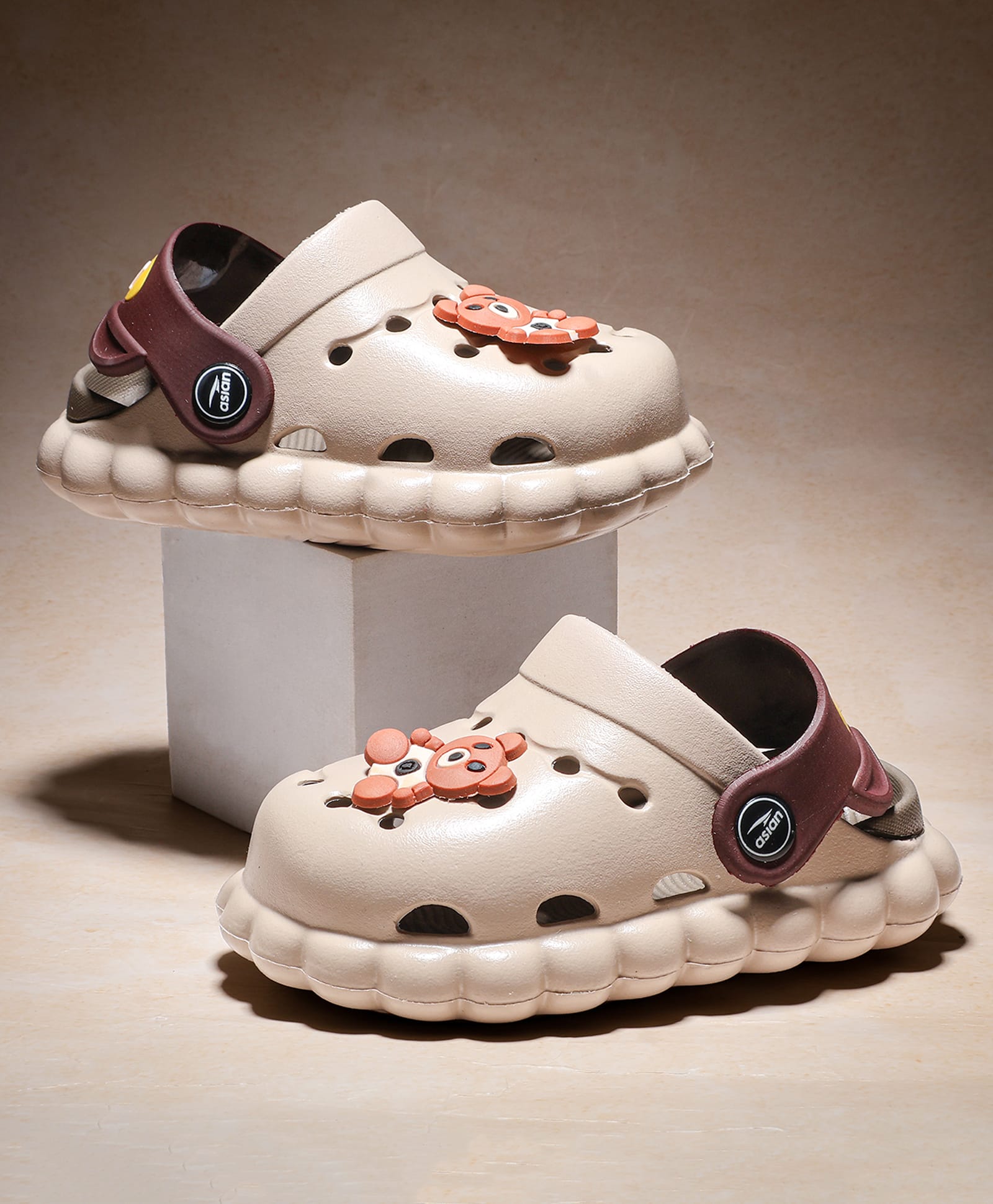 asian Teddy Bear Applique Detailed Slingback Perforated Clogs - Beige Mouse-picture-25
