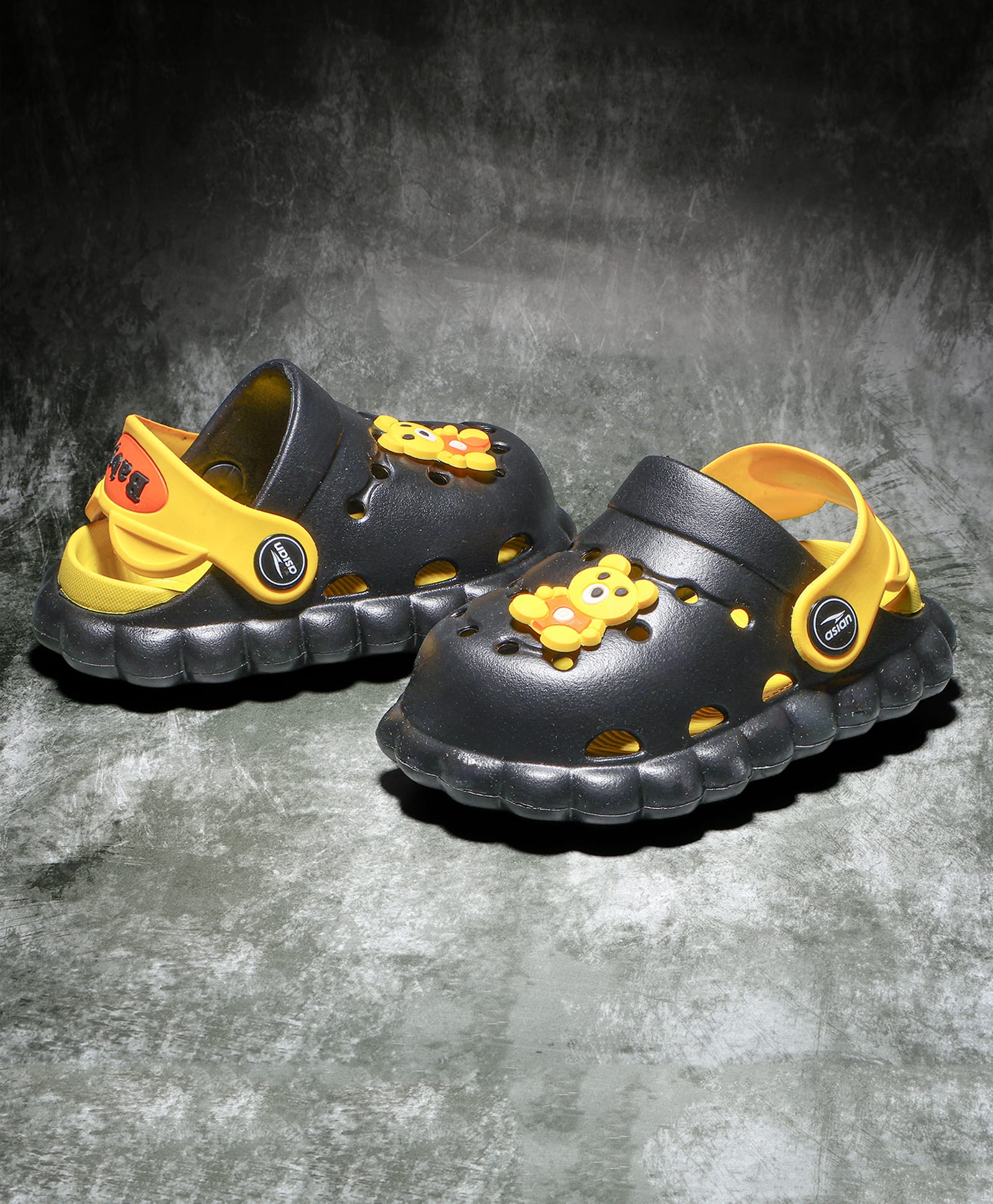 asian Teddy Bear Applique Detailed Slingback Perforated Clogs - Black & Yellow-image-37