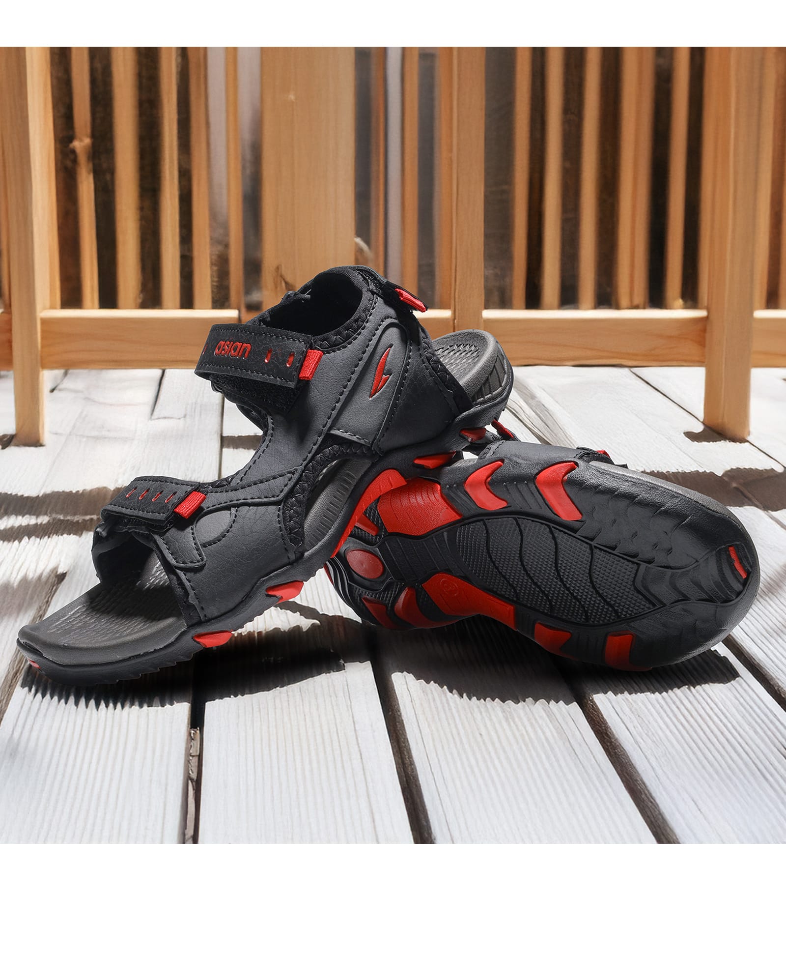 asian Abstract Designed Velcro Closure Sandals - Black & Red-image-15