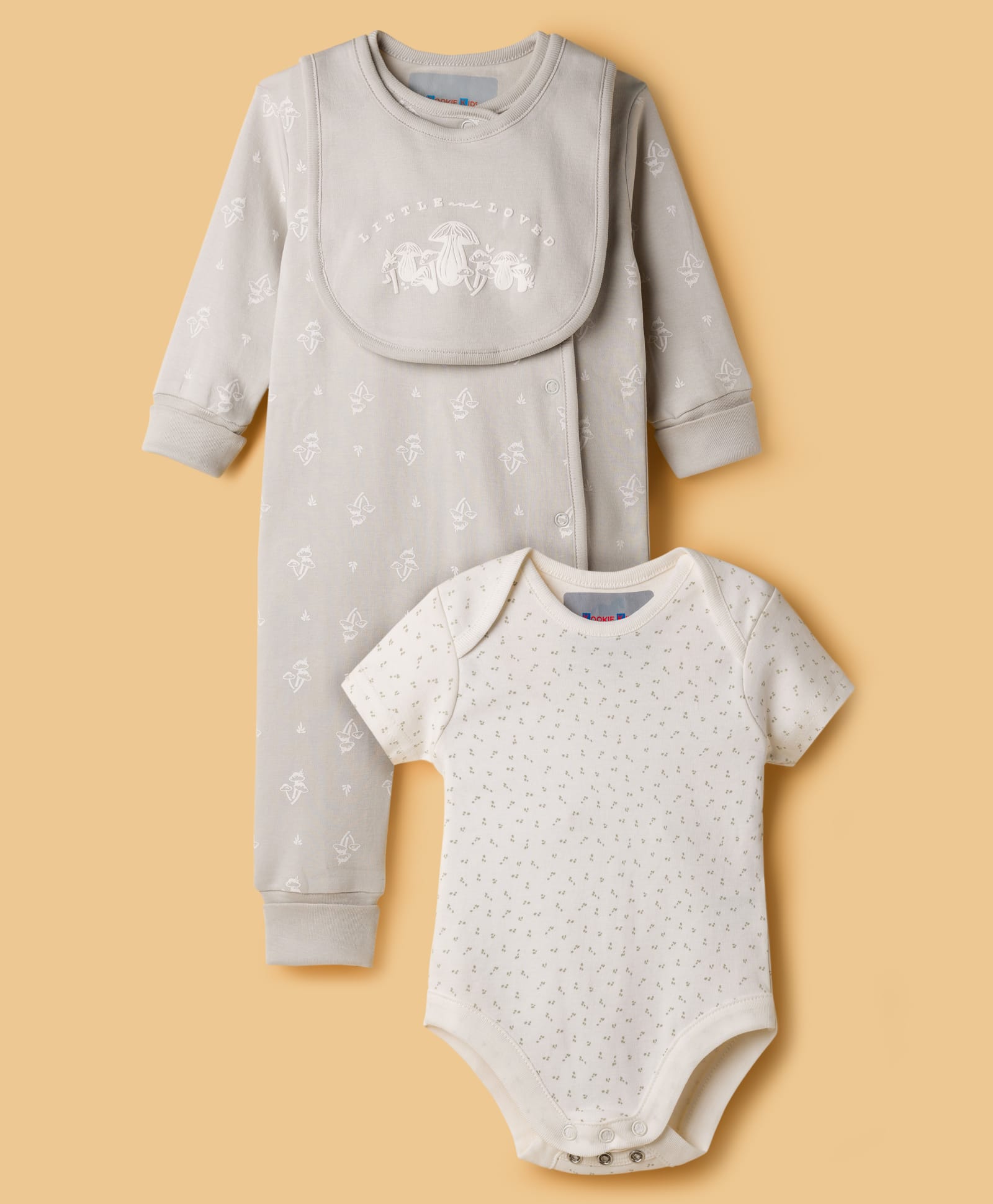 Kookie Kids Interlock Knit Full Sleeves Romper & Onesie with Bib Mushroom Print - Multicolor-image-18