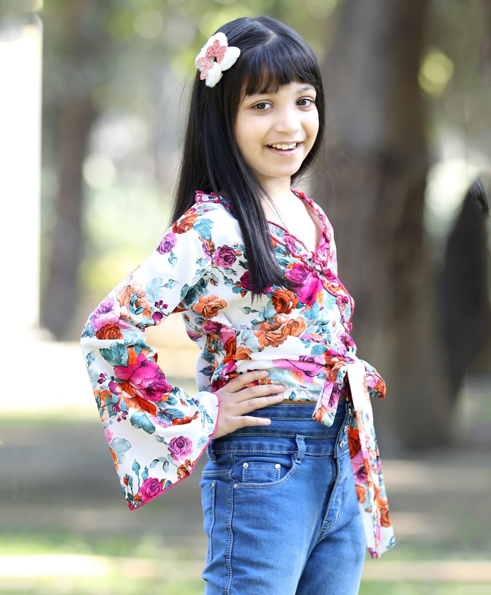 Cutiekins Woven Full Bell Sleeves Floral Printed Top - White & Pink-picture-14