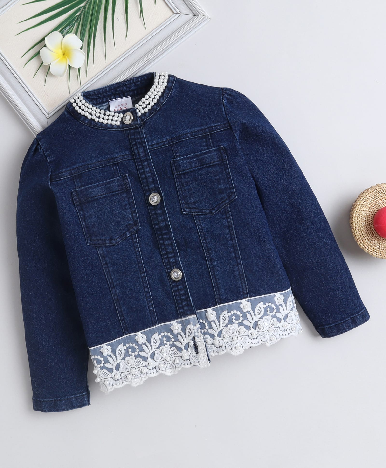 Bright Stars KIDSWEAR Denim Woven Full Sleeves Pearl Embellished & Floral Lace Detailed Jacket - Blue