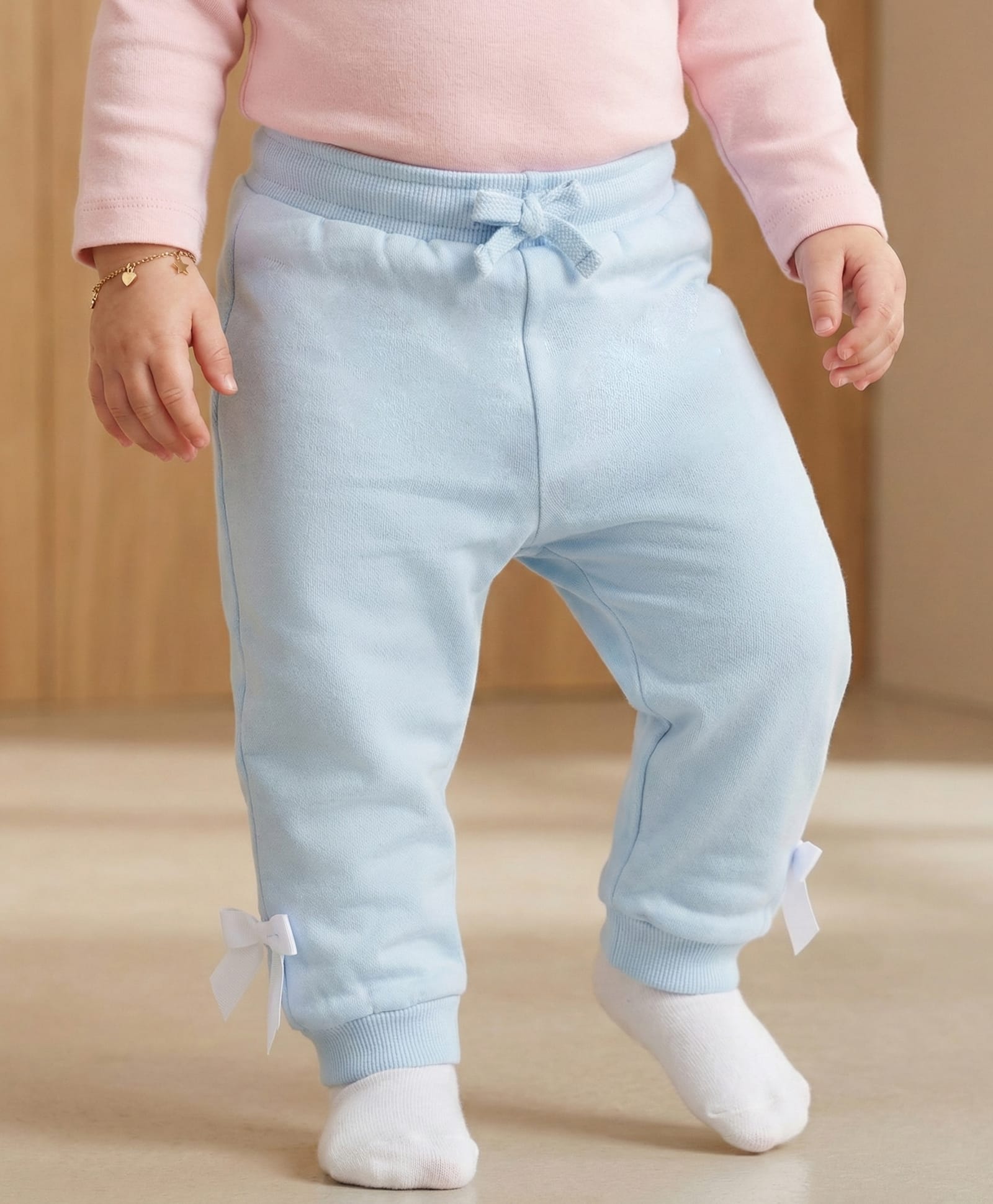 Babyoye 100% Cotton Knit Full Length Solid Lounge Pant With Bow Applique - Light Blue-picture-34