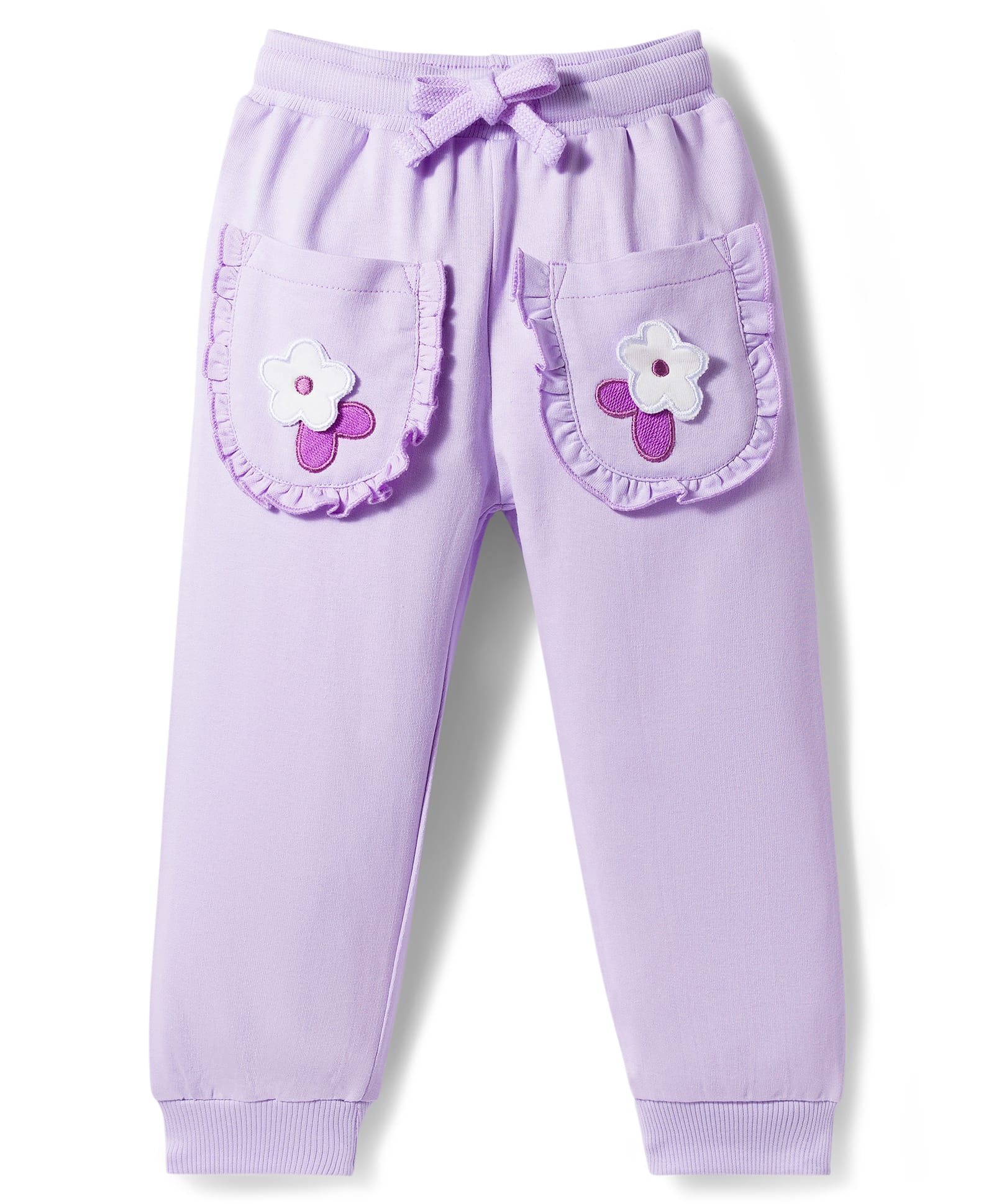 Babyoye Cotton Looper Knit Full Length Lounge Pant with Floral Embroidery & Patch - Lavender