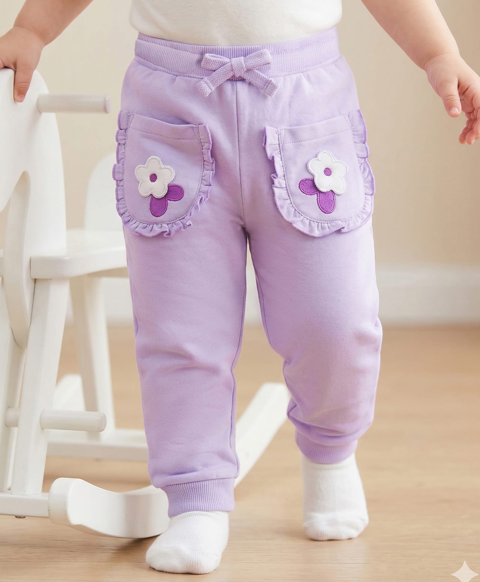 Babyoye Cotton Looper Knit Full Length Lounge Pant with Floral Embroidery & Patch - Lavender-picture-11
