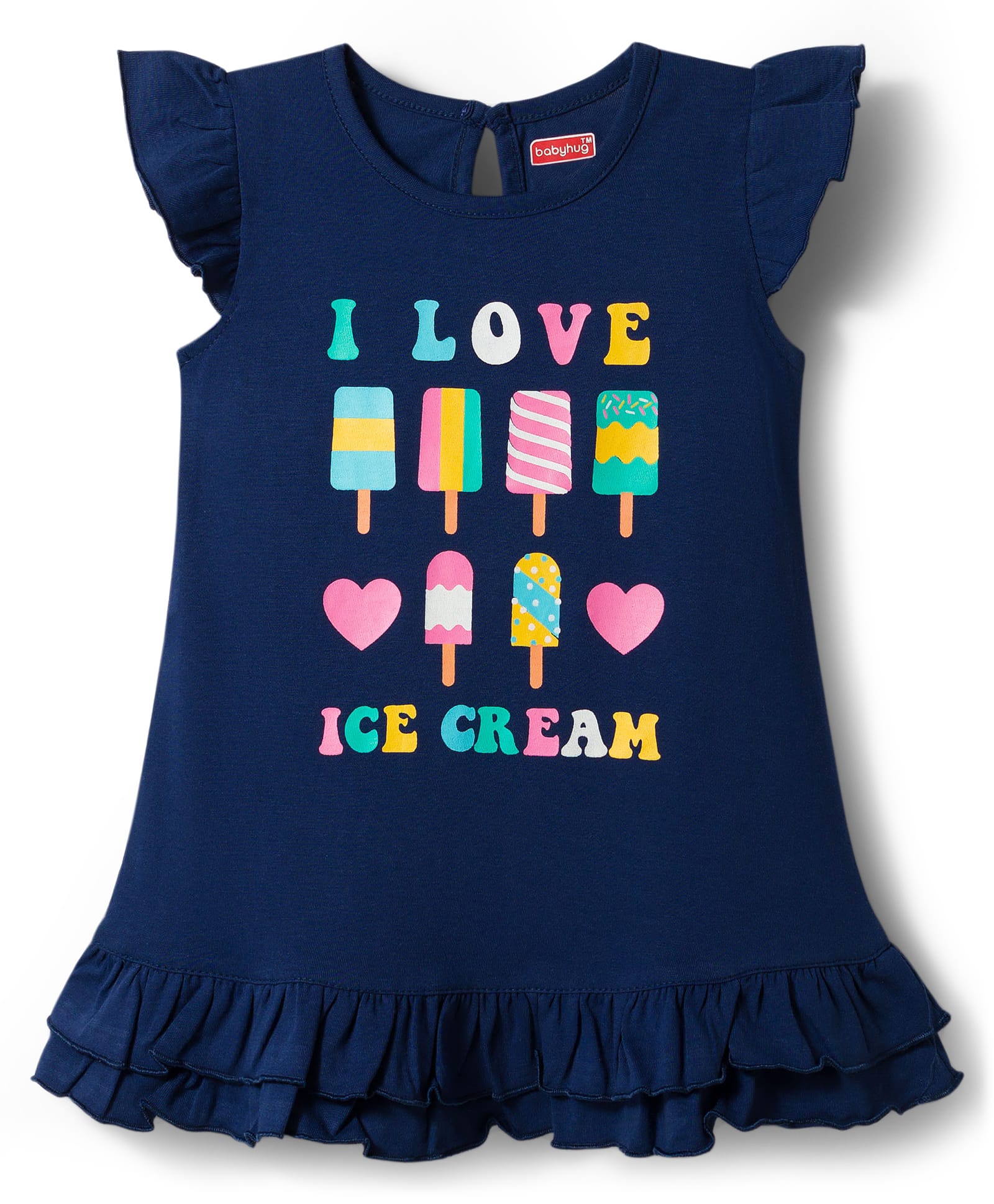 Babyhug Single Jersey Cotton Knit Frill Sleeves Ice Cream Printed Nighty - Navy Blue-image-13