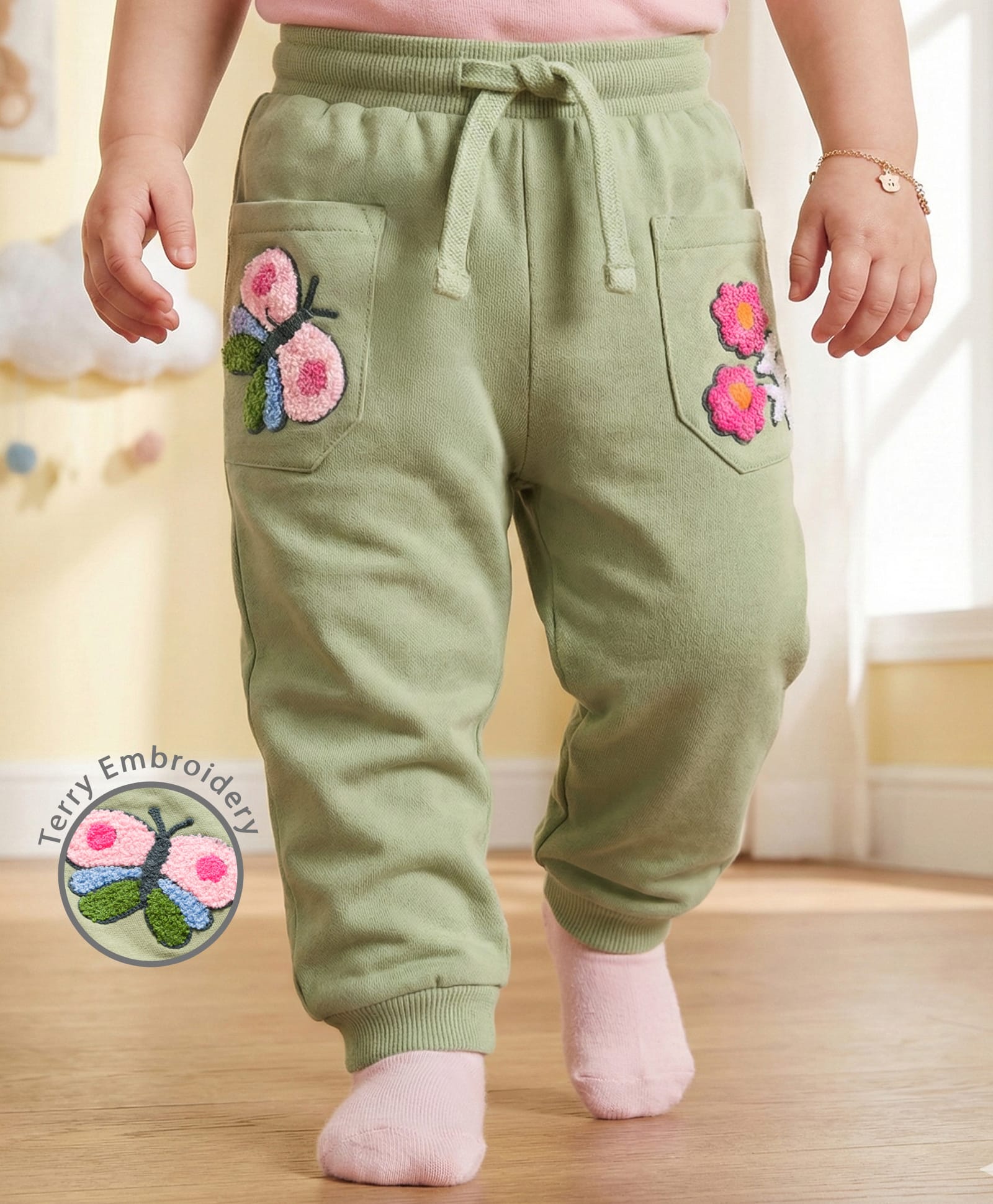 Babyoye 100% Cotton Knit Full Length Butterfly & Floral Embroidered Lounge Pant - Light Green-image-29