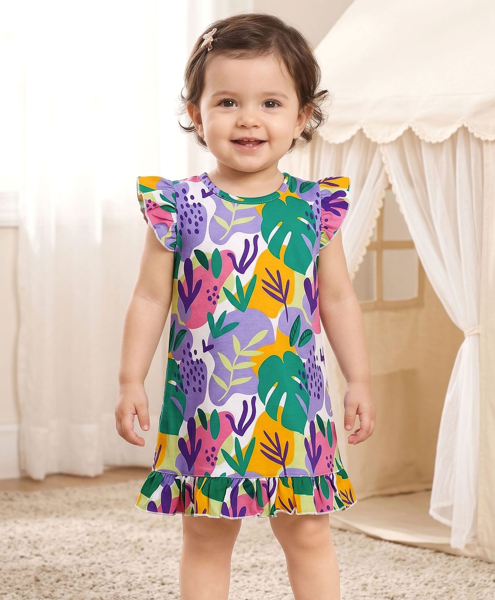 Babyhug Cotton Knit Frill Sleeves Nighty With Leaf Print - White-picture-32