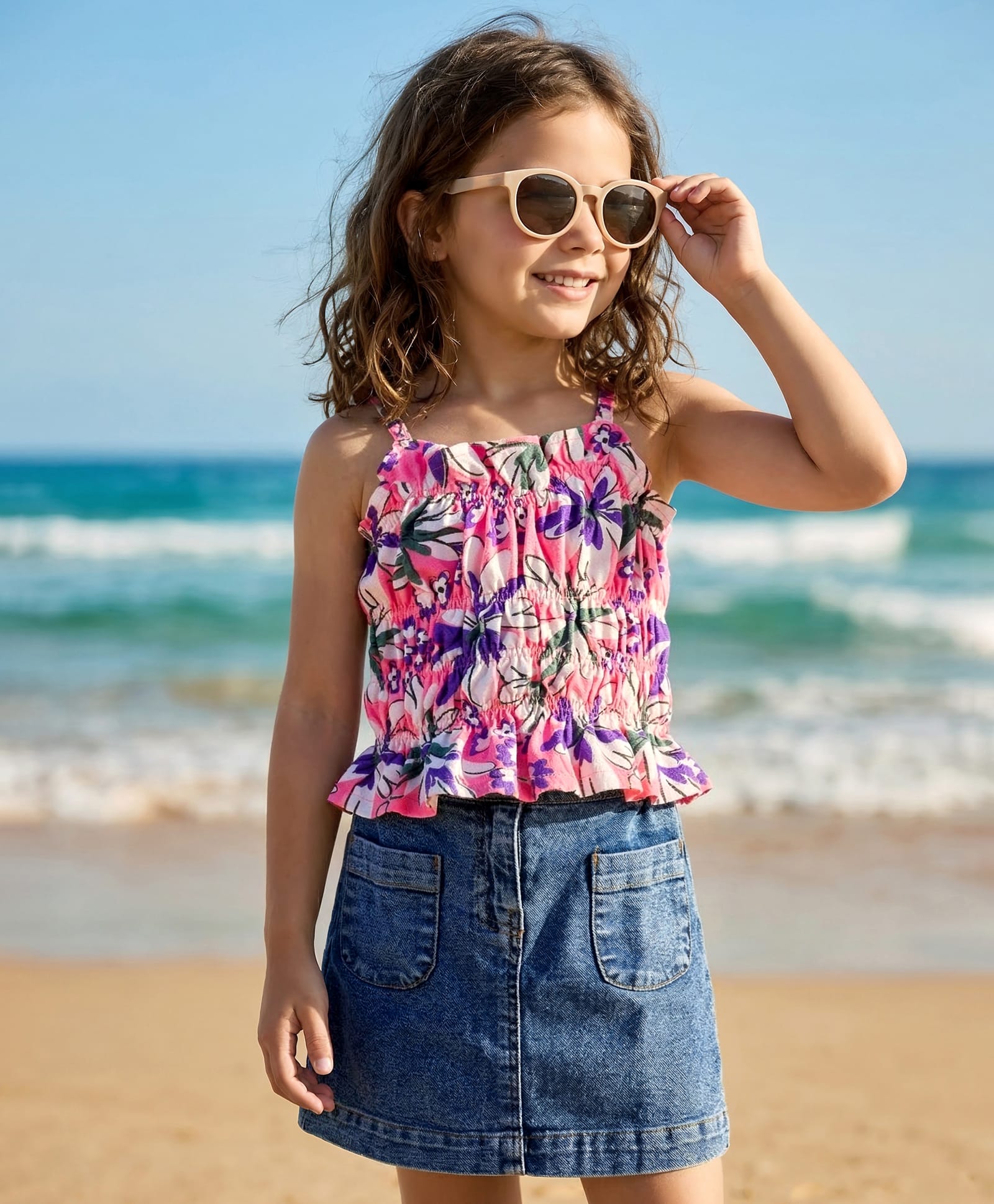 OLLINGTON ST. Cotton Knit Floral Printed Sleeveless Top & Denim Skirt Set - Multicolour & Blue-picture-11
