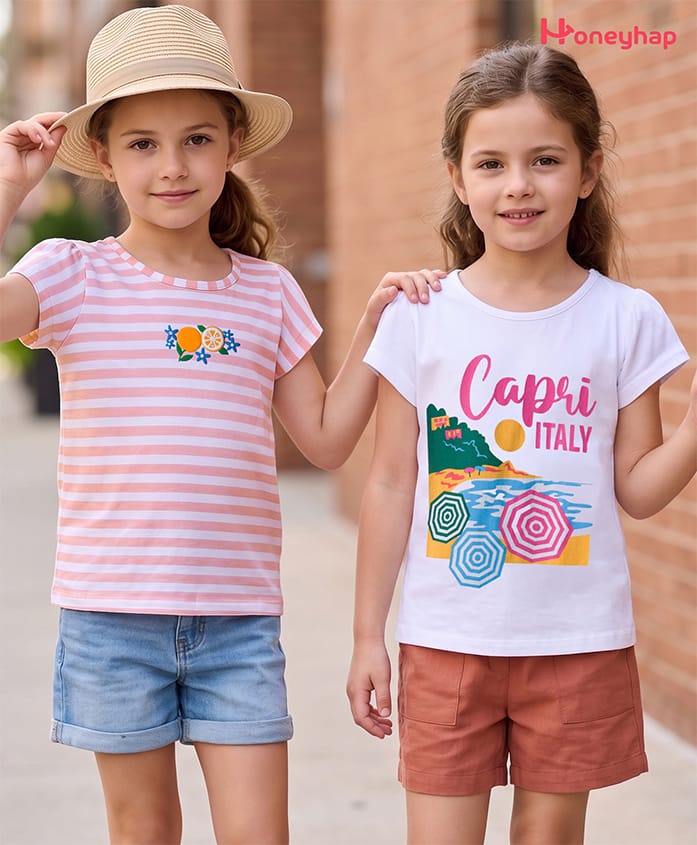 Honeyhap Premium 100% Cotton Knit Half Sleeves T-Shirts With Tropical Theme Pack of 2 - Bright White & Gossamer Pink-image-46