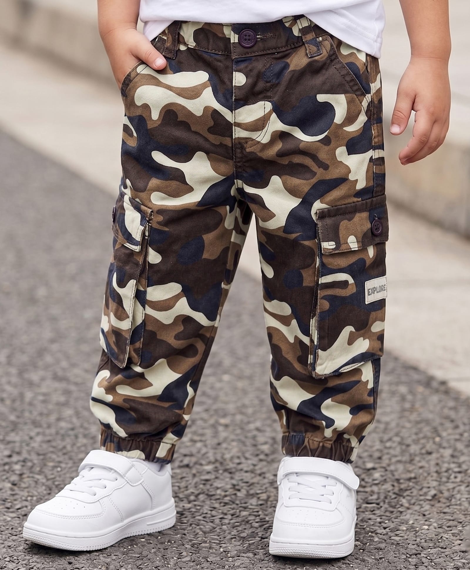 Babyhug Twill Lycra Woven Full Length Camouflage Printed Trouser with Cargo Pocket - Brown-image-17