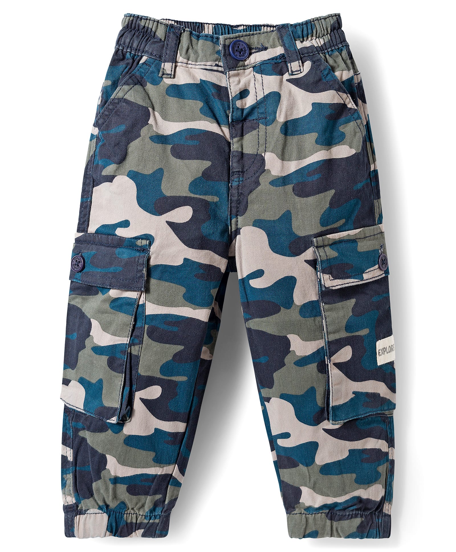 Babyhug Twill Lycra Woven Full Length Camouflage Printed Trouser with Cargo Pocket - Blue-image-16