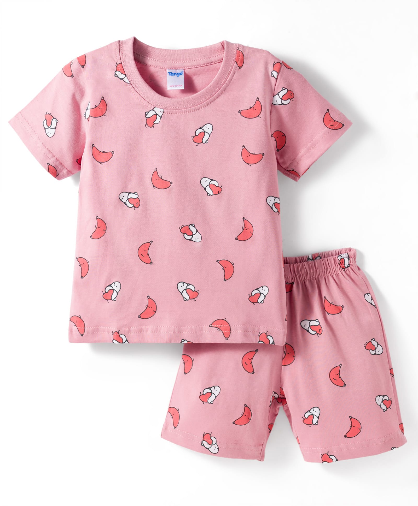 Tango Single Jersey Knit Half Sleeves Co-ords T-Shirt & Shorts Night Suit with Banana Print - Pink-picture-41
