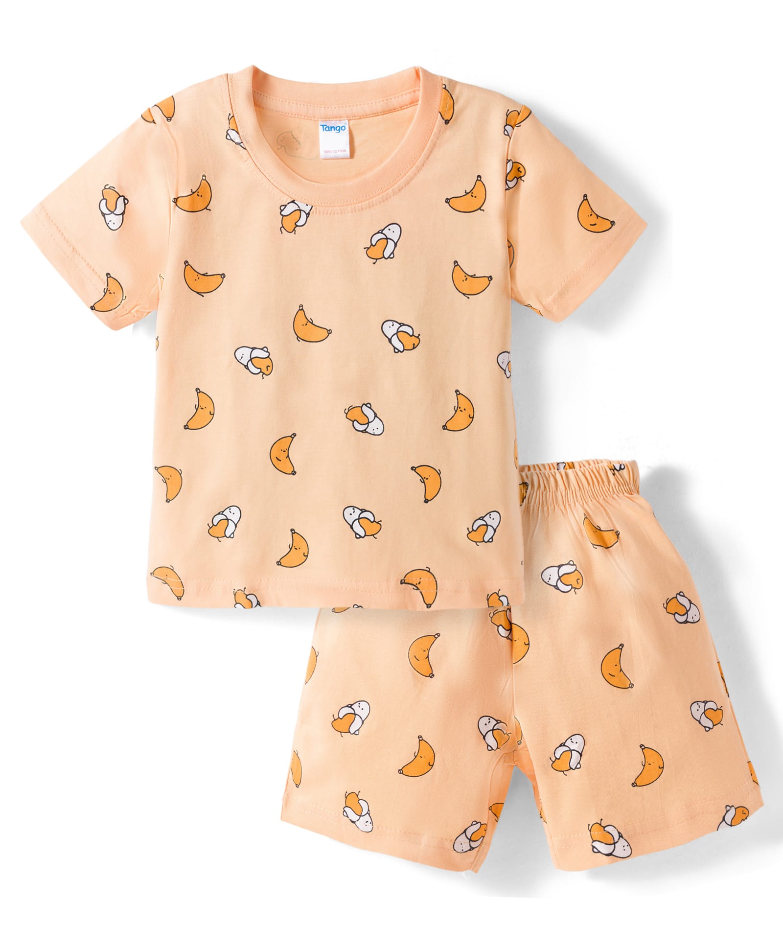 Tango Single Jersey Knit Half Sleeves Co-ords T-Shirt & Shorts Night Suit with Banana Print - Peach-picture-18