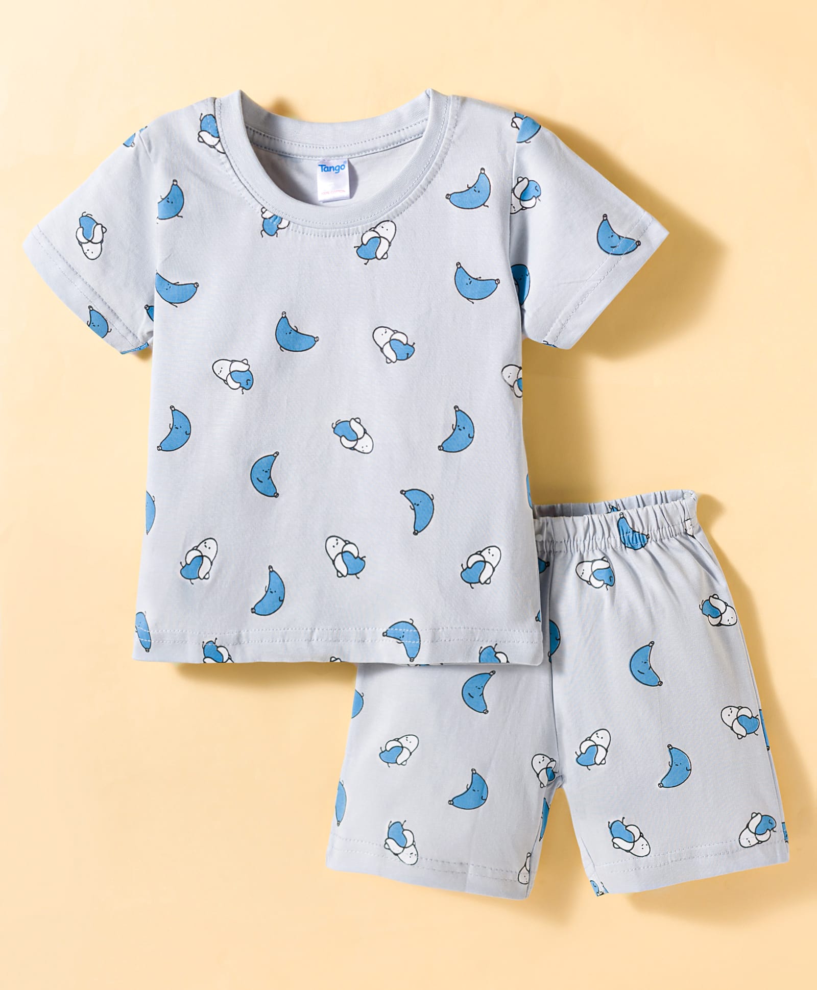 Tango Single Jersey Knit Half Sleeves Co-ords T-Shirt & Shorts Night Suit with Banana Print - Light Blue-image-3